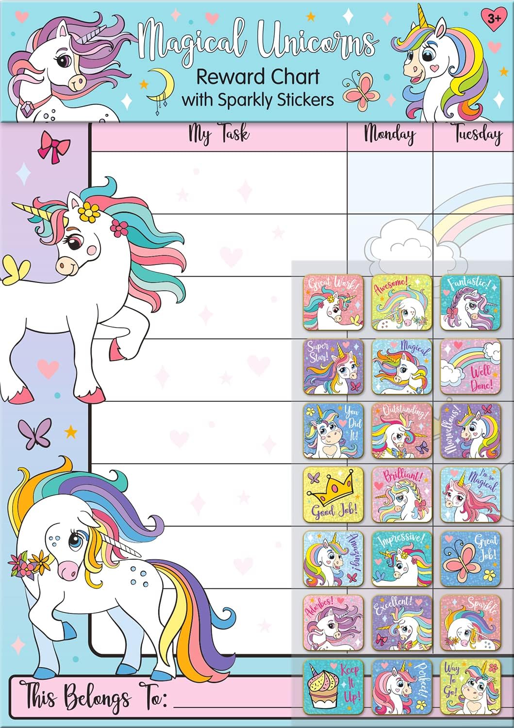 Magical Unicorns Reusable Reward Chart - 56 Sparkly Foil Stickers for Kids 3+