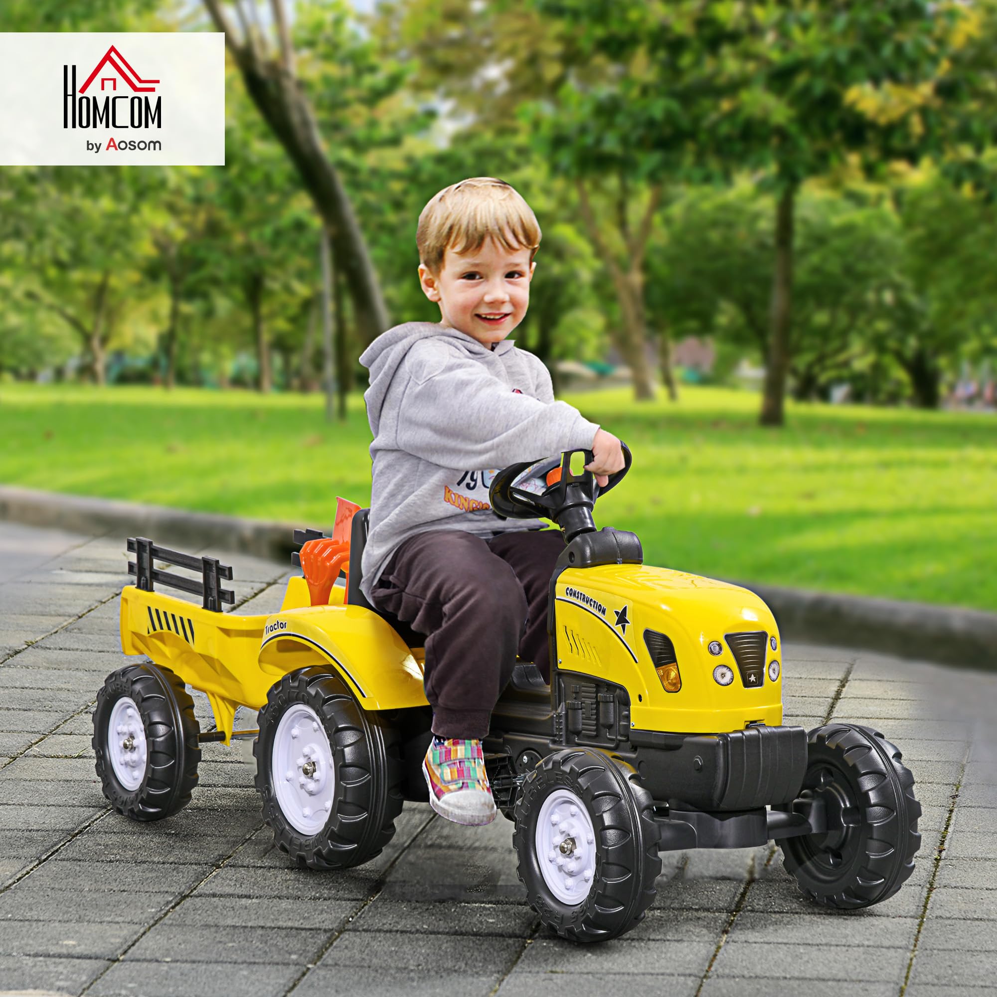 HOMCOM Kids Ride On Tractor with Trailer, Shovel & Rake | Manual Pedal Power | Ages 3+