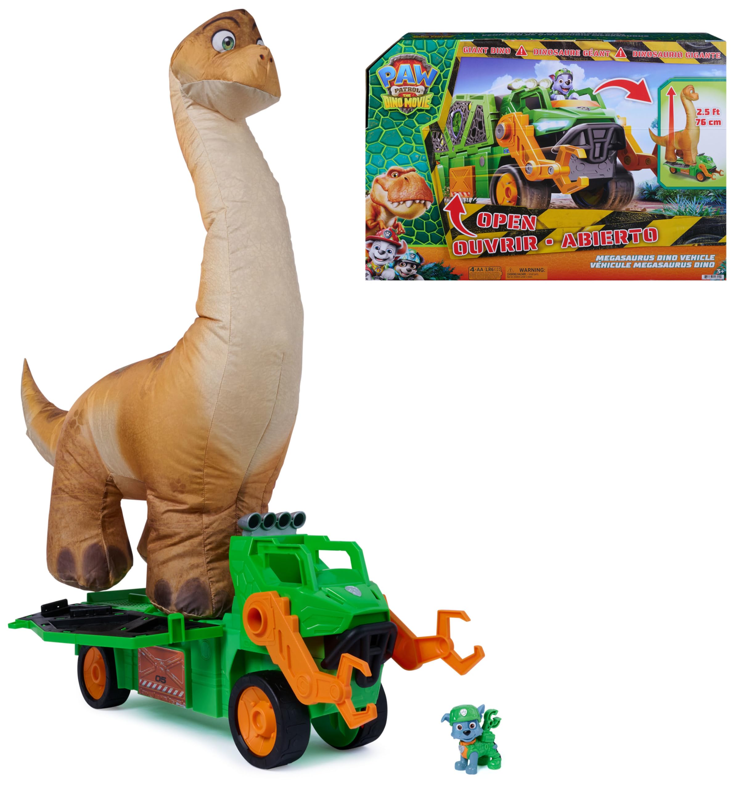 Paw Patrol Megasaurus Dino Vehicle Playset with Inflatable Dinosaur and Rocky Figure | Ages 3+ 1