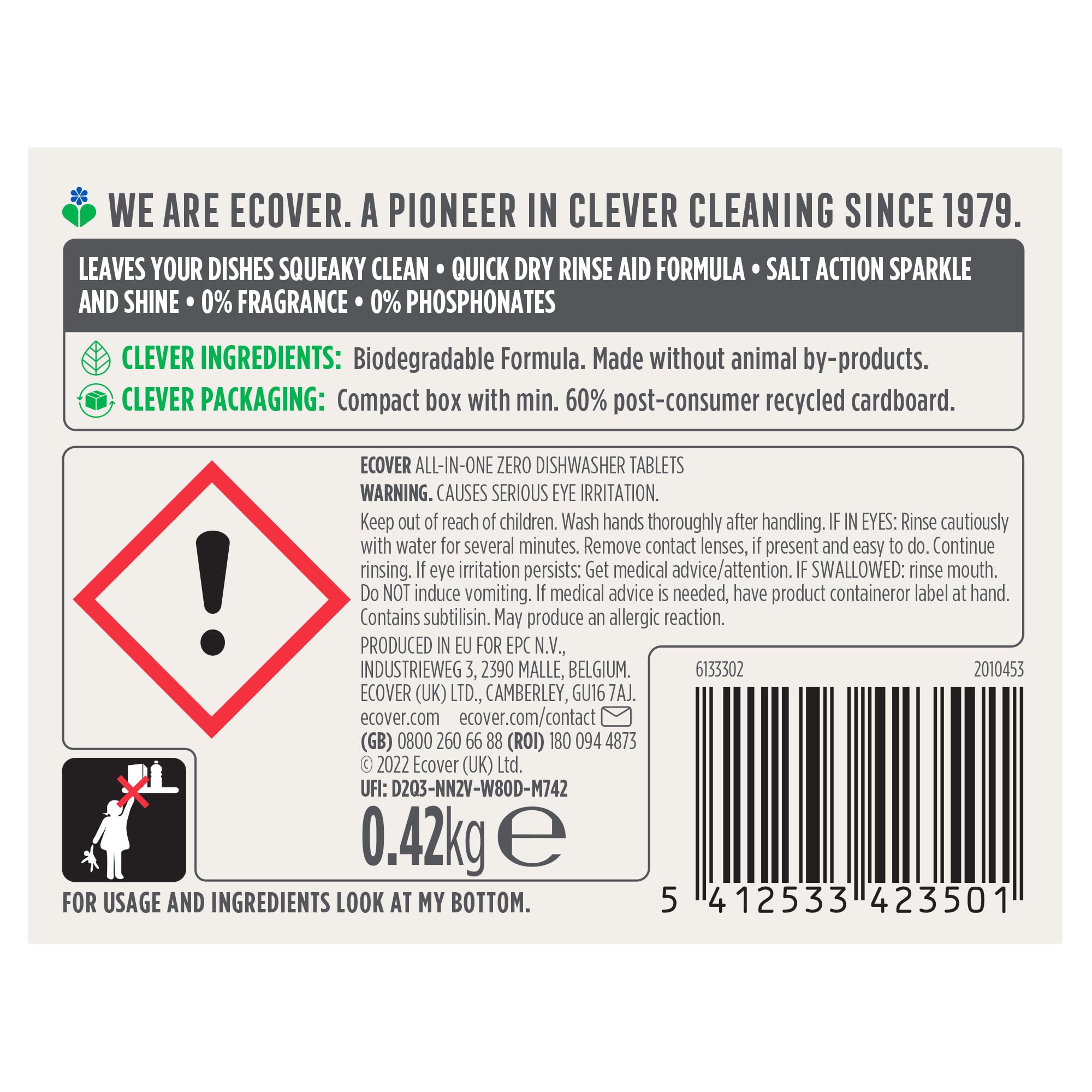 Ecover Zero Geschirrspültabs, Salz und Klarspüler – All-in-One-Reinigungslösung aus biologisch abbaubarem Material 9