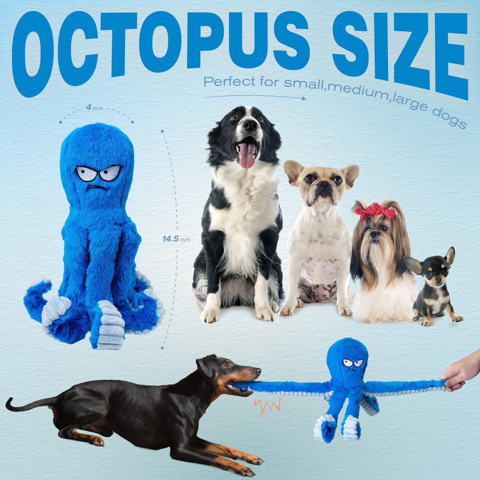 LEGEND SANDY Tough Squeak Dog Toy - Heavy Duty, Waterproof Lining, Blue Octopus for Aggressive Chewers 5