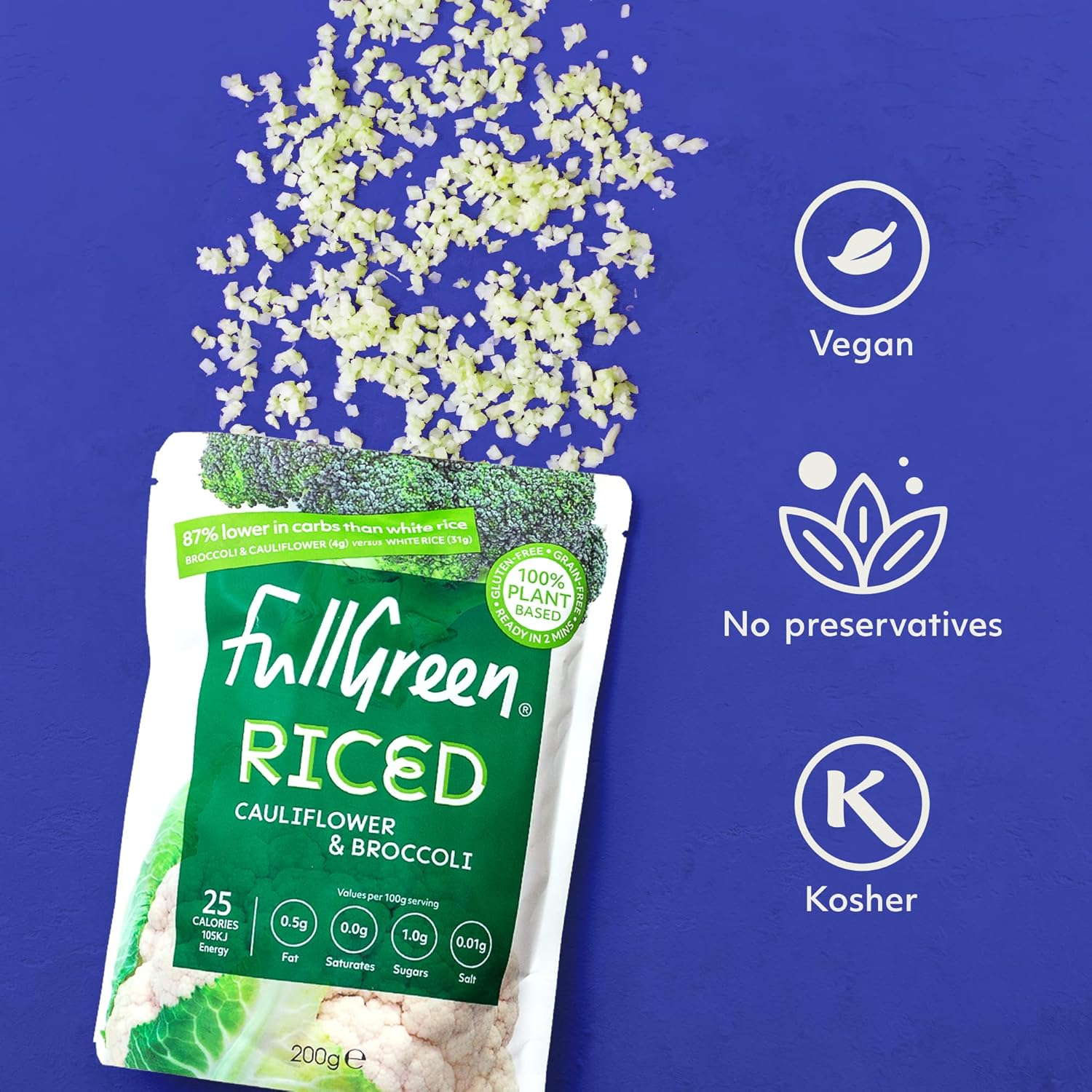 Fullgreen - Reis mit Brokkoli und Blumenkohl, pflanzliche Low-Carb-Reisalternative 8