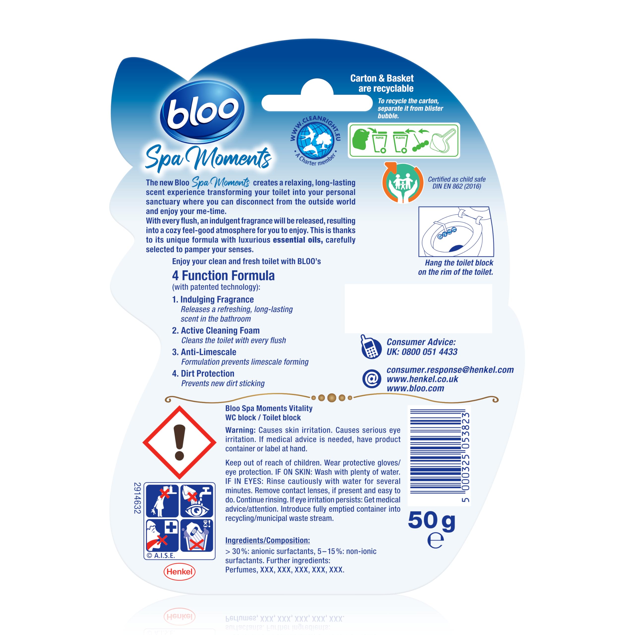Bloo Spa Moments Vitality Toilet Rim Block - 4 Function Formula with Essential Oils | Prevents Limescale