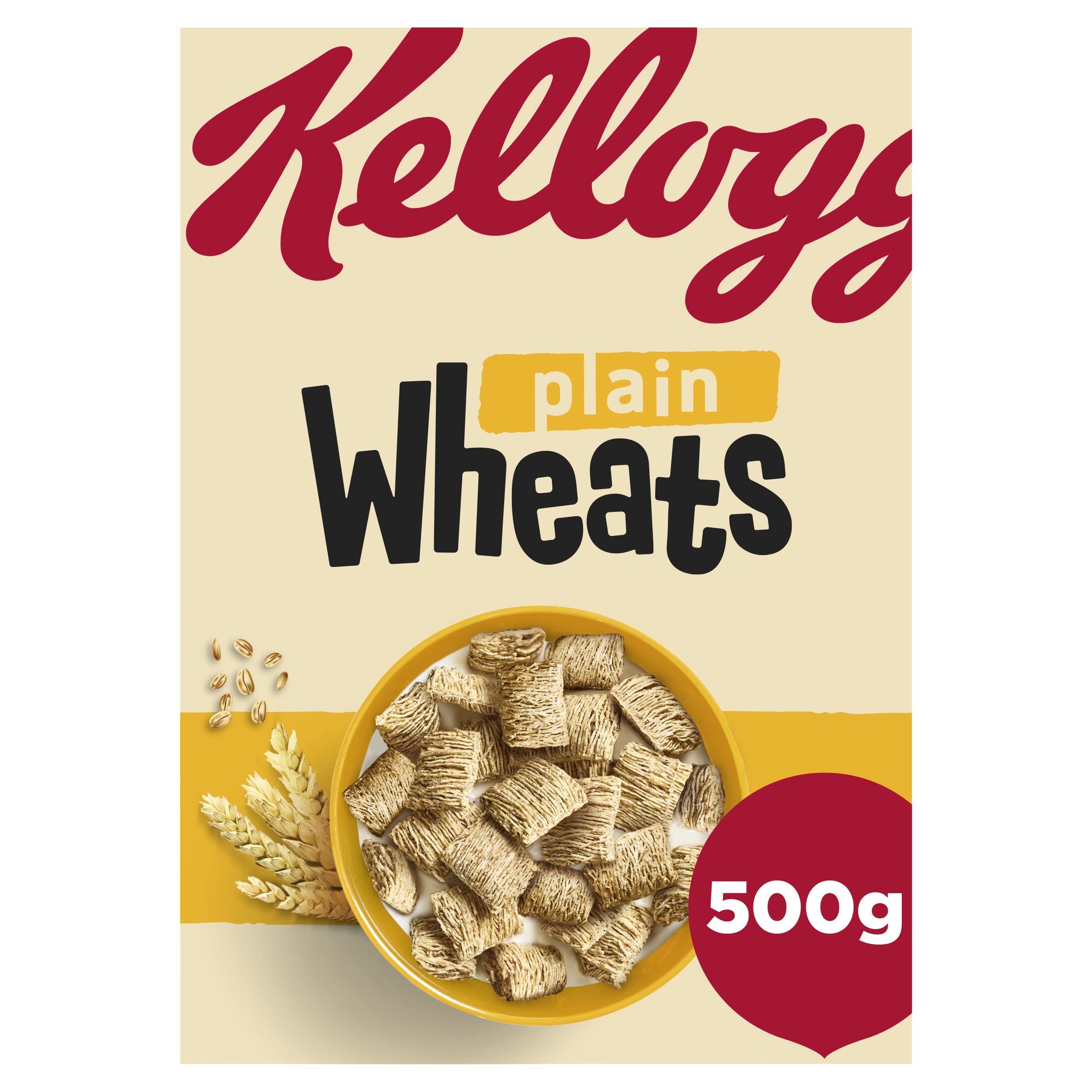 Kellogg's Plain Wheats Cereal 500g - High Fibre, No Added Sugar, Vegan Wholewheat Breakfast Cereal