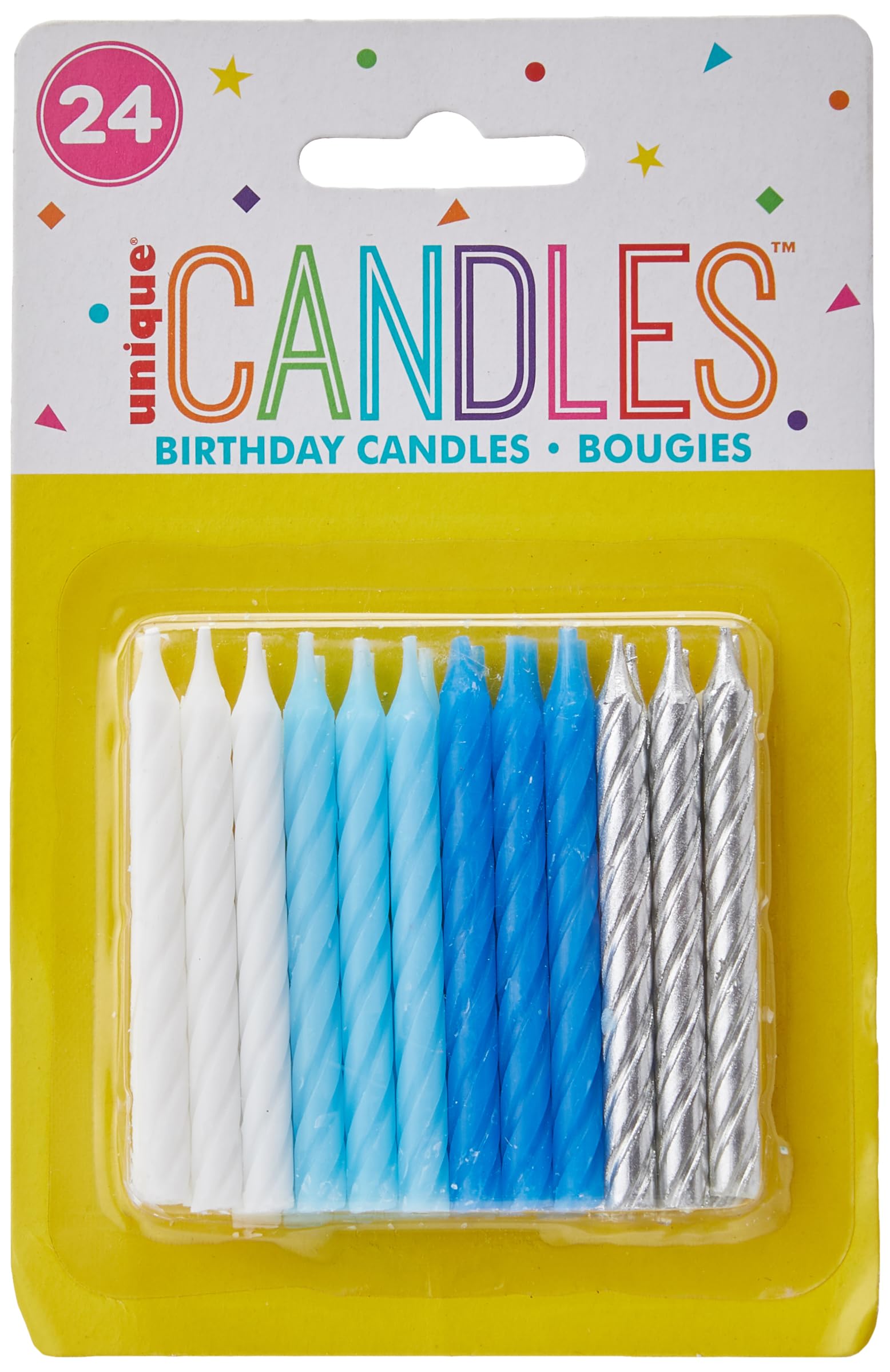 Unique Party Spiral Birthday Candles - 24 Pack | Blue, White & Silver | 2.5" Height