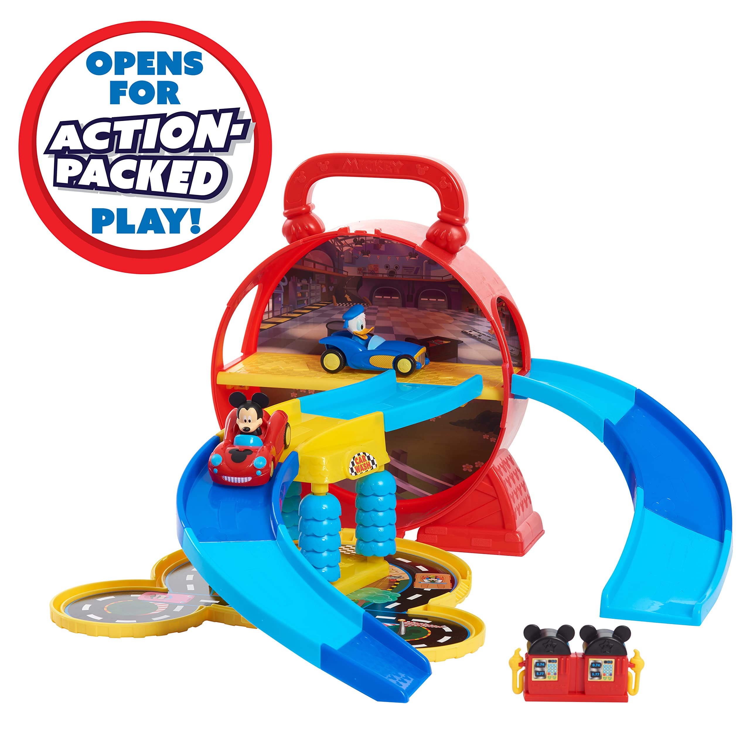 Disney Mickey Mouse Stow ’n Go Garage Playset with 2 Diecast Vehicles | Ages 3+ 4