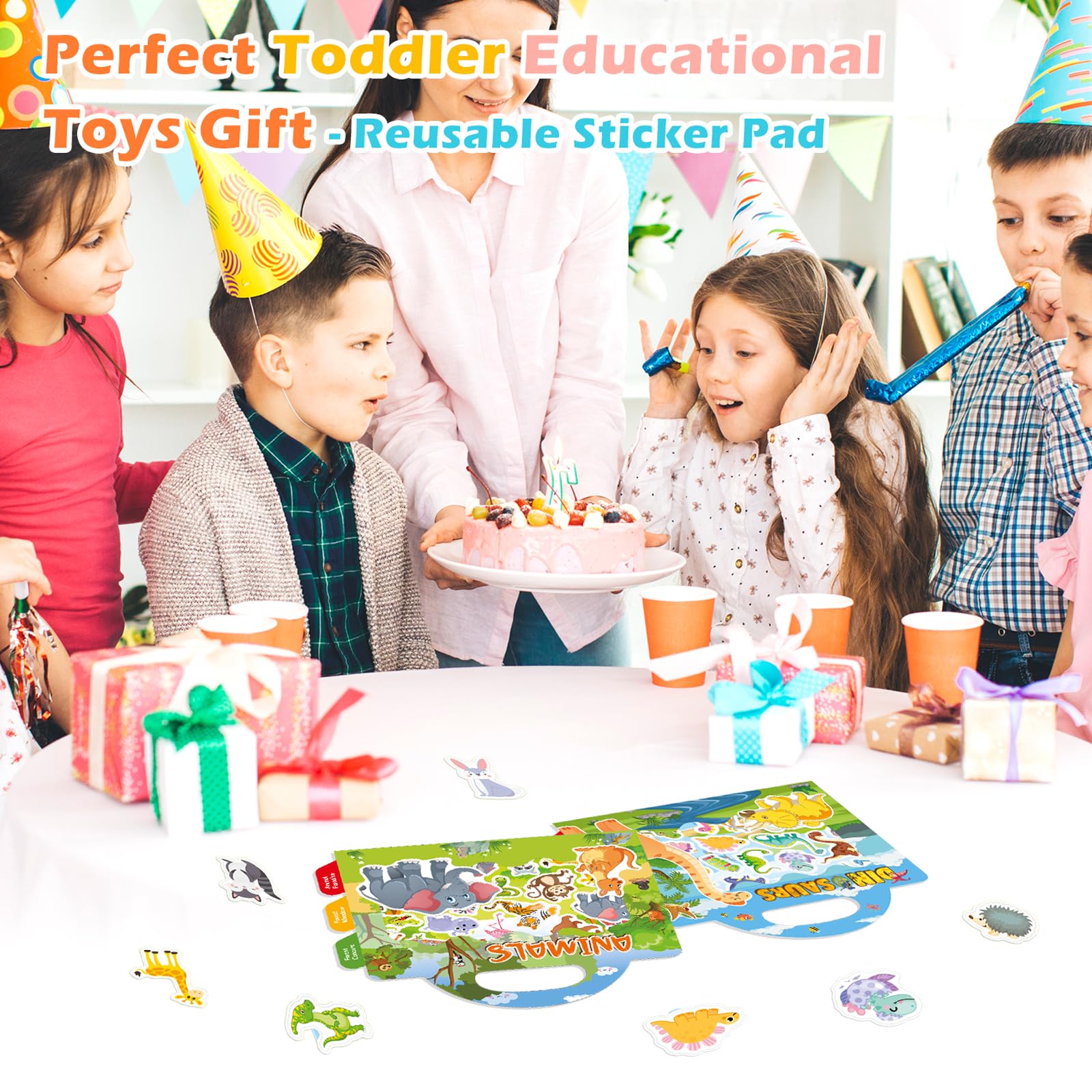 GUYUCOM 2 Pack Reusable Sticker Books for Toddlers - Educational Dinosaur & Animal PVC Stickers for Kids Ages 2-4 6