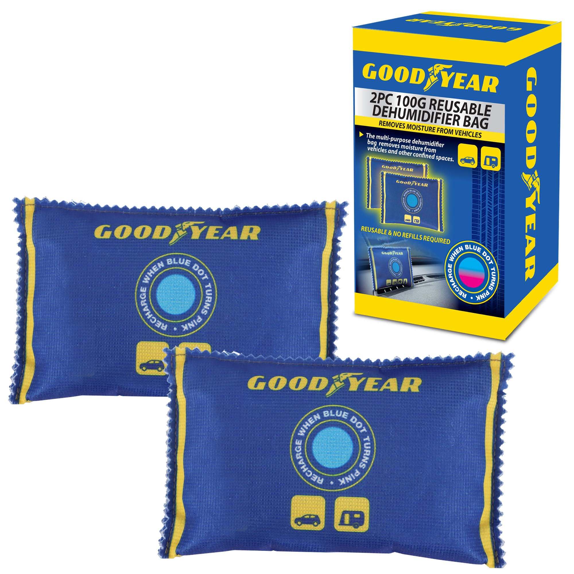 Goodyear 2pc 100g Reusable Moisture Absorber Bags – Heavy-Duty Dehumidifier | Portable | Blue 1