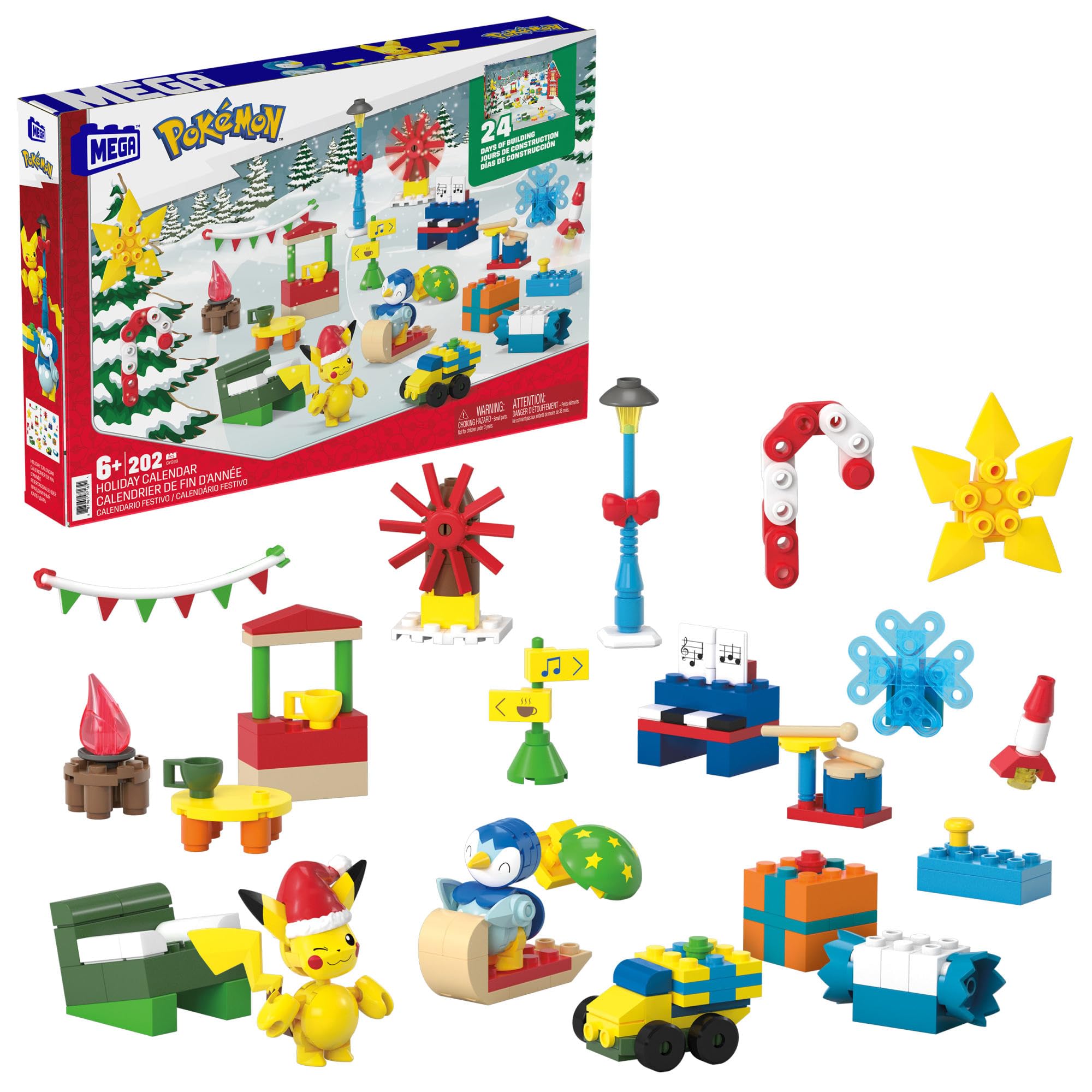 MEGA Pokémon Building Toys Set - 24-Day Holiday Calendar with 202 Pieces, Pikachu & Piplup Figures
