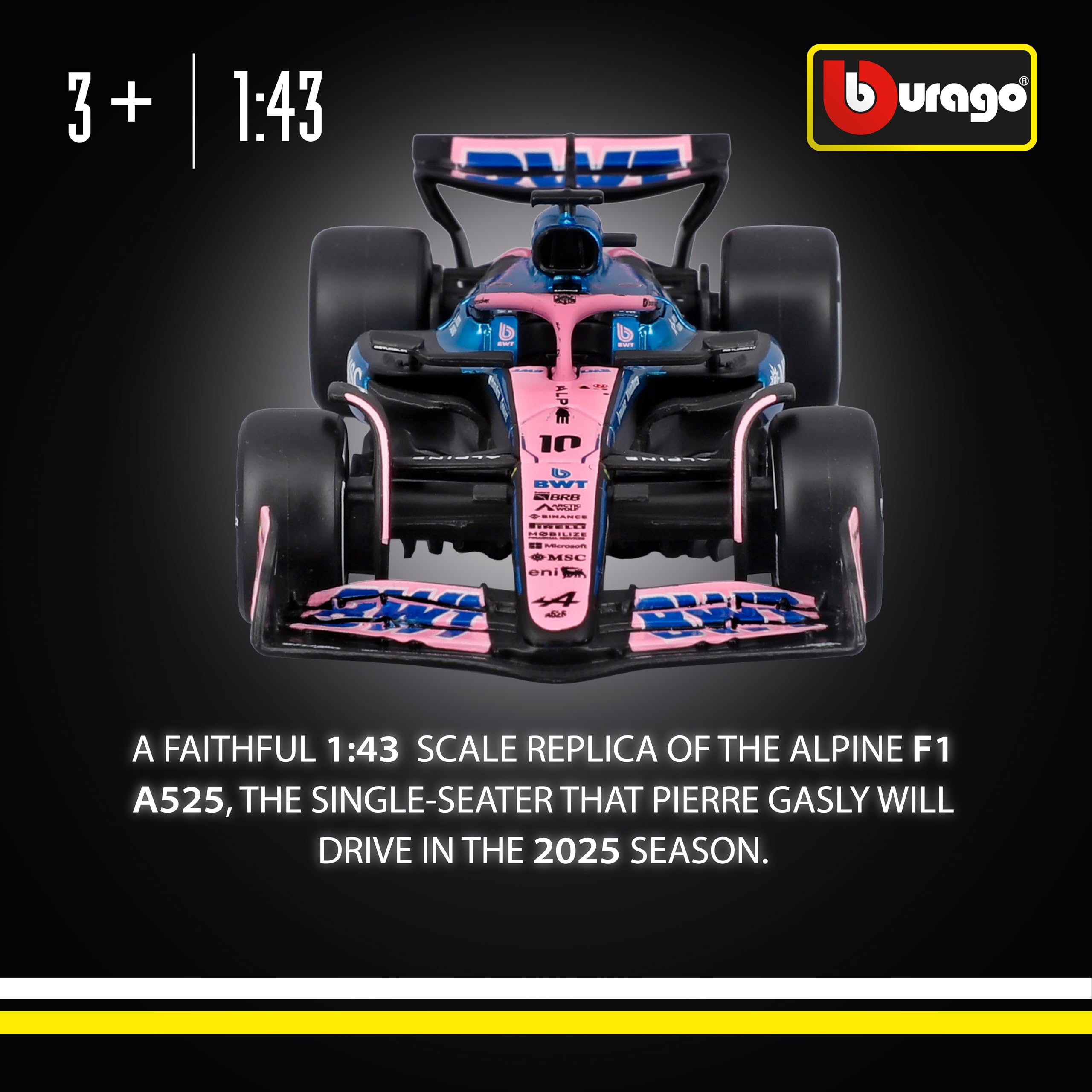 Bburago BWT Alpine A525 2025 #10 Gasly 1:43 Scale Diecast Car | Metal | Pink