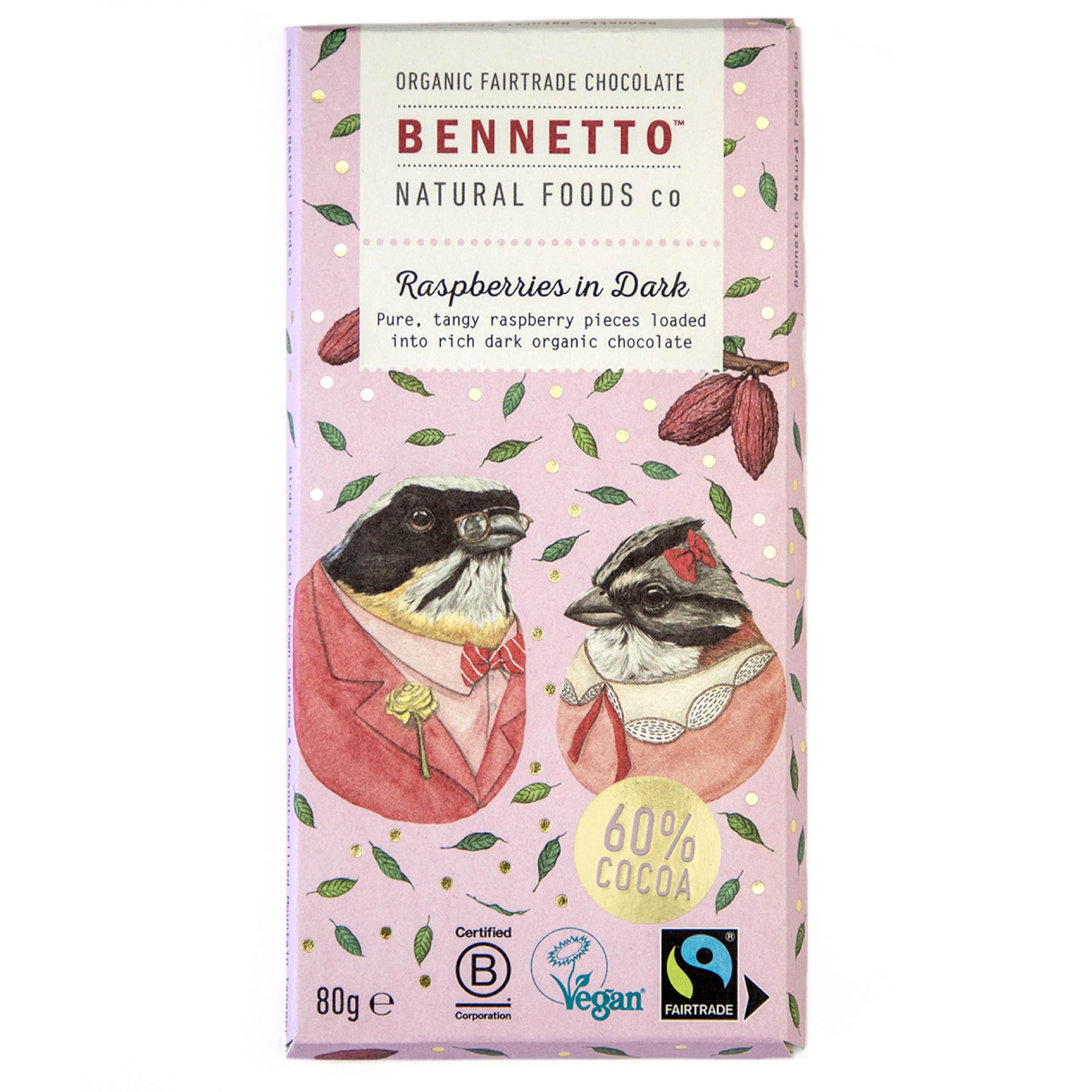 Bennetto Raspberries in Dark Chocolate - 60% Cocoa, Vegan, Gluten-Free, Fairtrade
