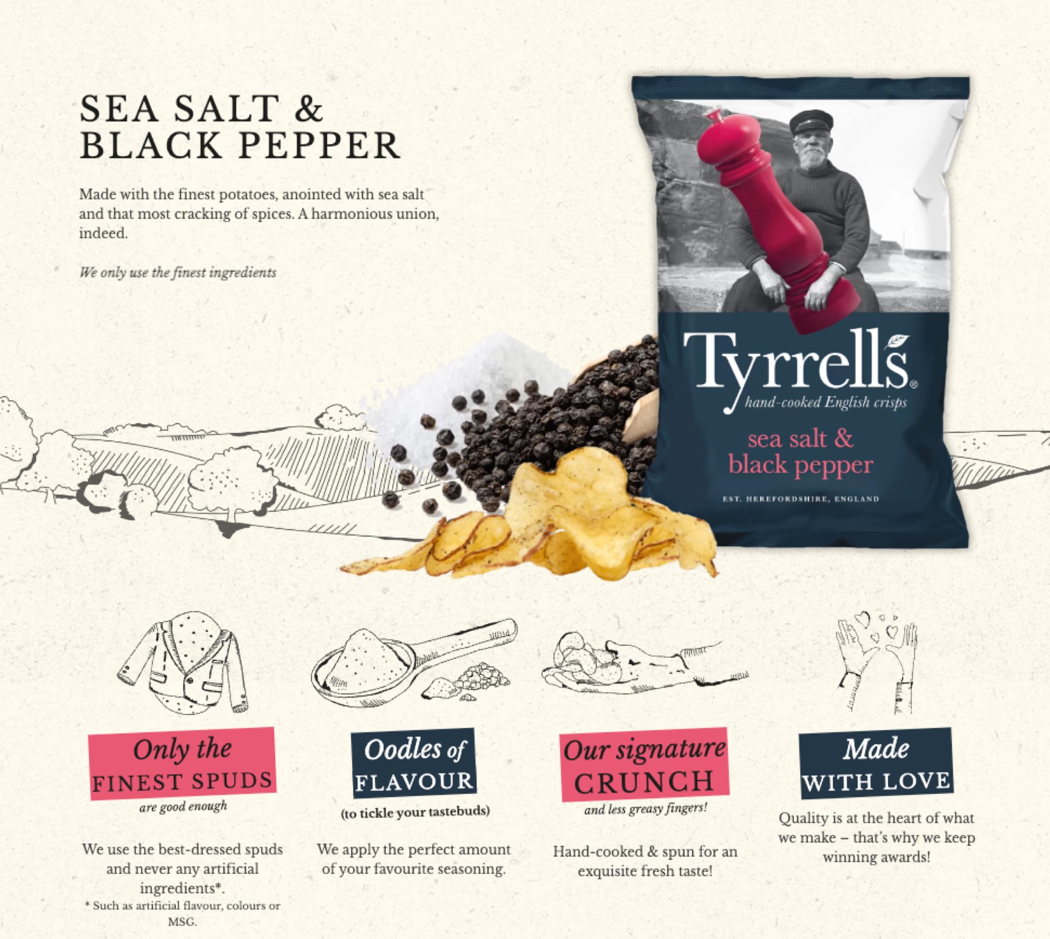 Tyrrells Sea Salt & Black Pepper Hand-Cooked Crisps 150g Bag 3