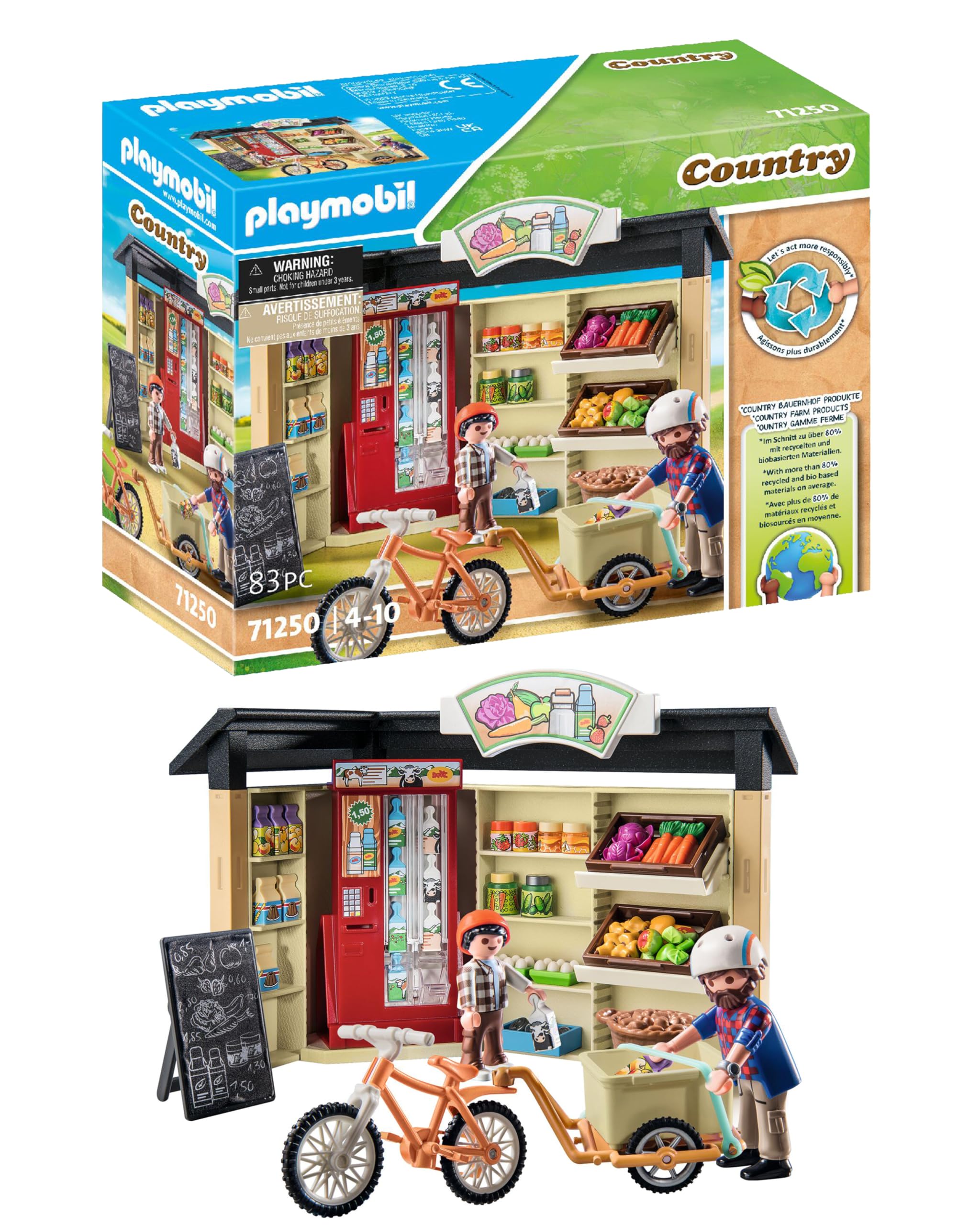 Playmobil 71250 Country Farm Shop Playset with Bike & Trailer - Sustainable Toy for Ages 4+