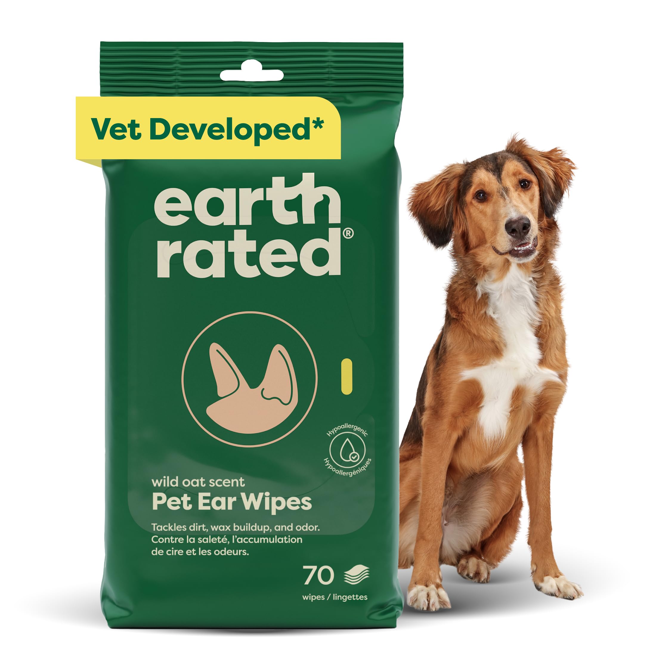 Earth Rated Vet-Developed Hypoallergenic Dog Ear Wipes with Aloe Vera & Chamomile | 70 Count | Wild Oat Scented 1