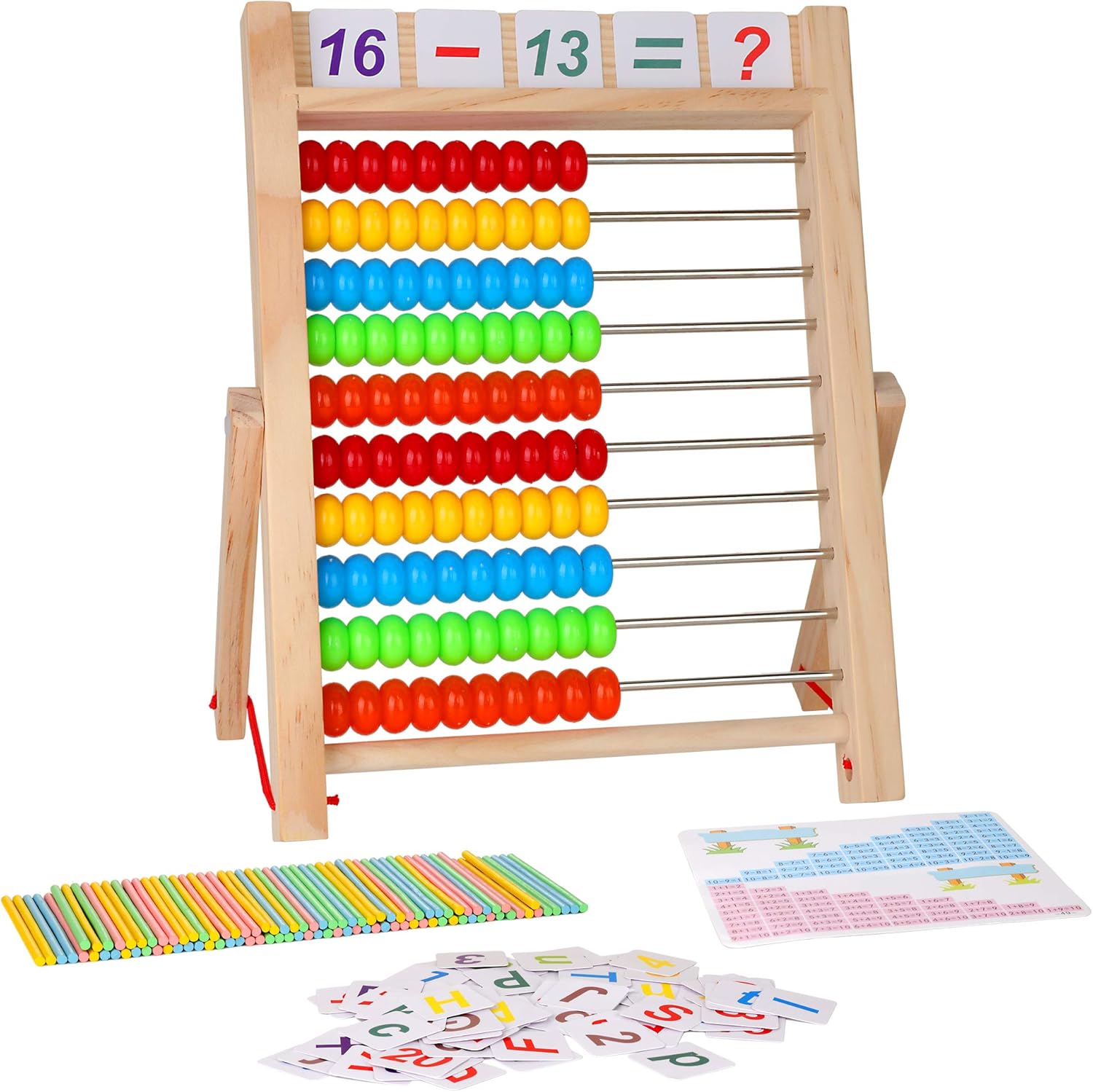 Wooden Frame Abacus for Kids - 10-Row Educational Toy with Multi-Color Beads, Alphabet & Number Cards
