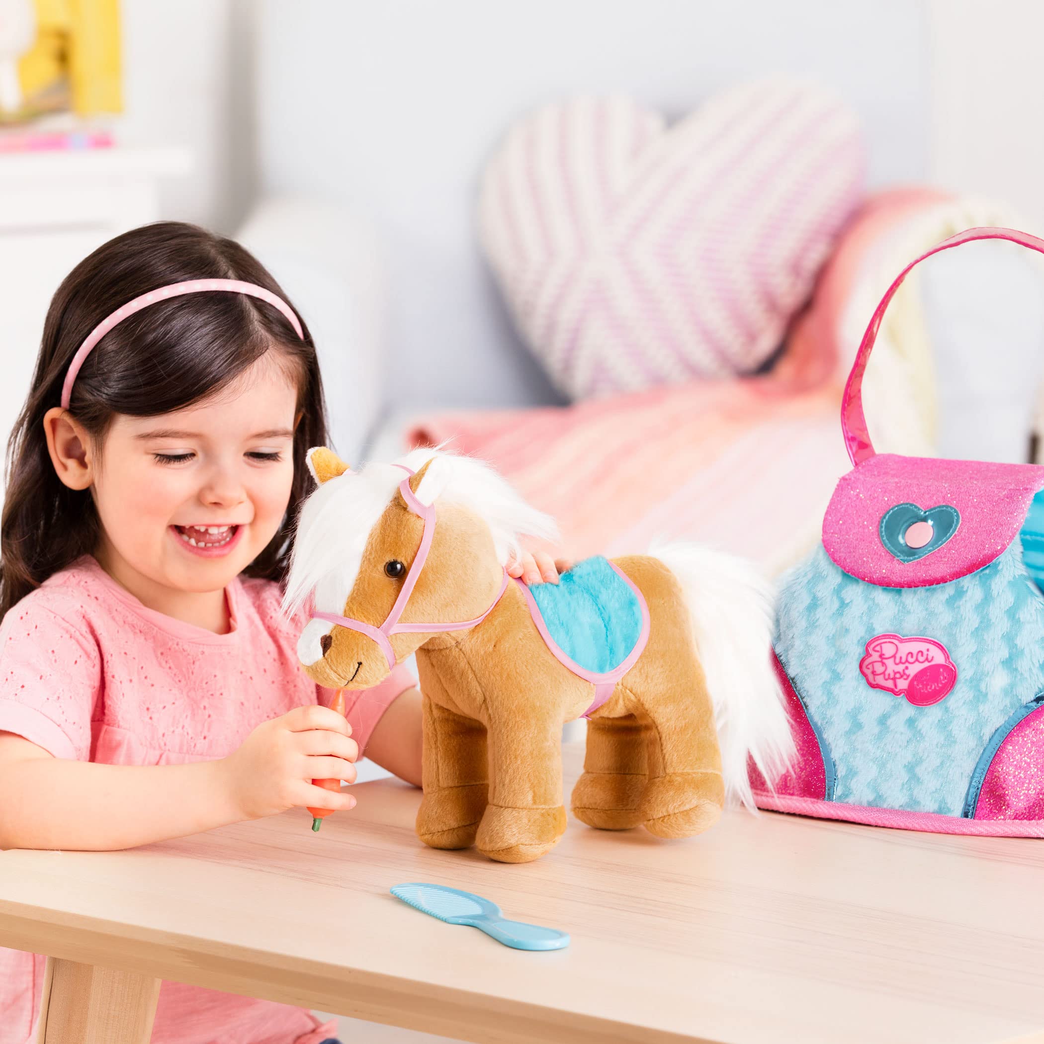 Pucci Pups Beige Horse with Blue Stripes and Pink Pony Bag 8