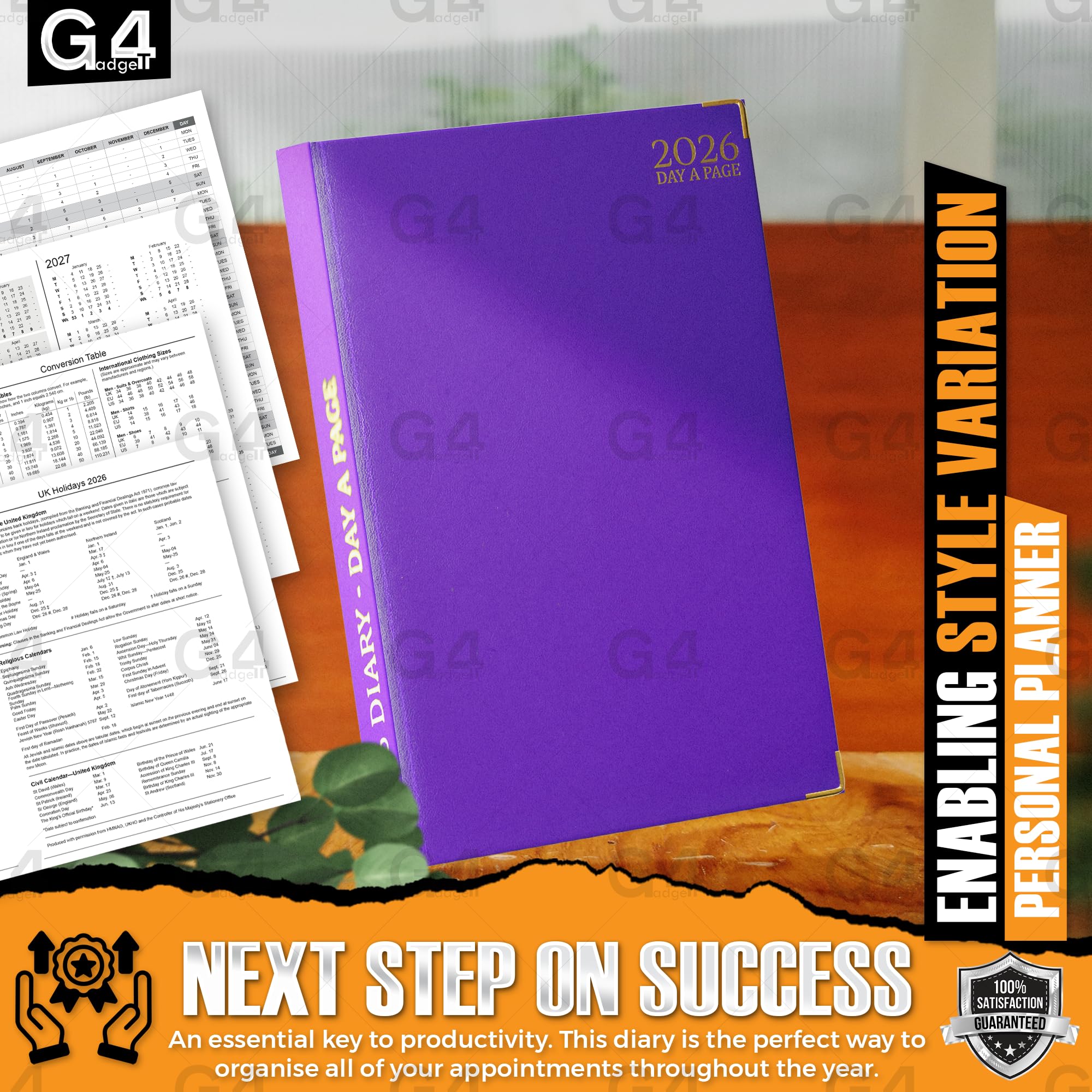 G4GADGET 2026 A5 Day a Page Diary - Purple Hardback with Gilt Edges | Ruled 6