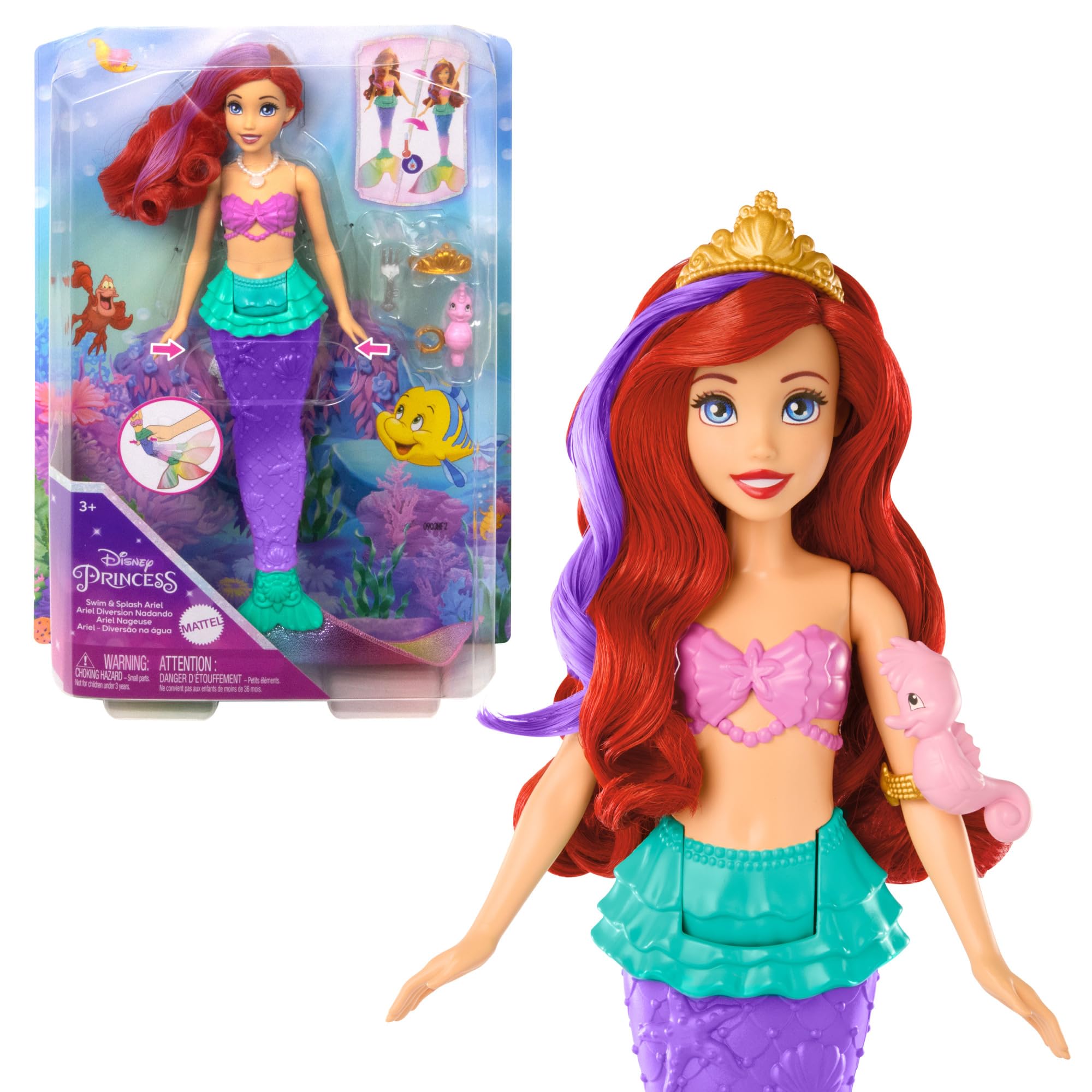 Disney Princess Ariel Swimming Mermaid Doll with Color-Change Hair & Seahorse Friend - Ages 3+ 7