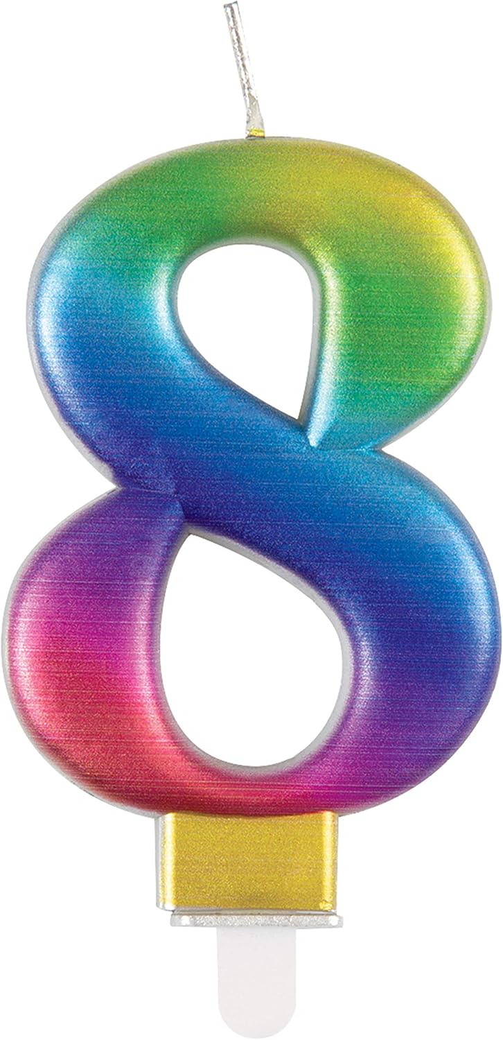 Metallic Rainbow Number 8 Birthday Candle - Vibrant 3D Cake Topper for Kids & Adults