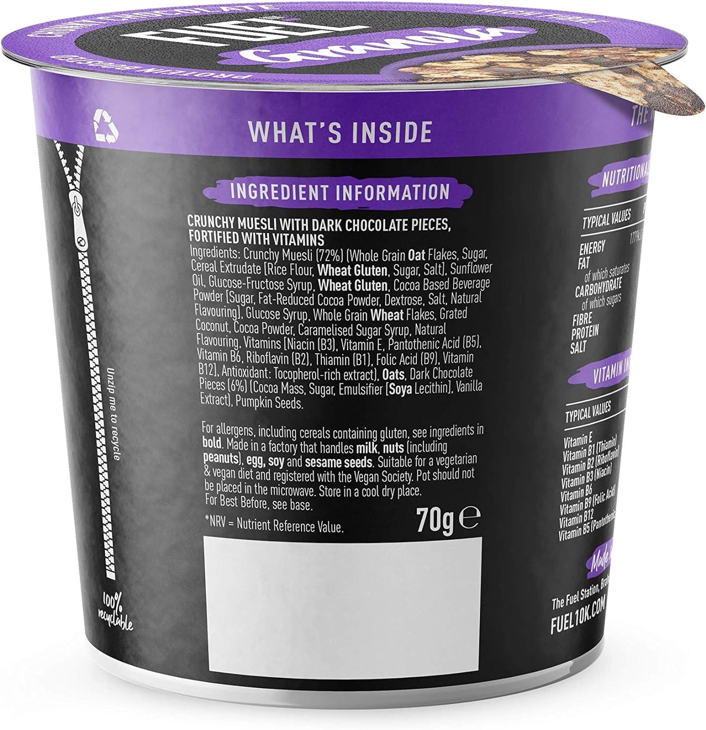 FUEL10K Chocolate Protein Granola Cereal Pot, 70g (Pack of 8) - Vegan-Friendly, High Protein Breakfast Snack 6