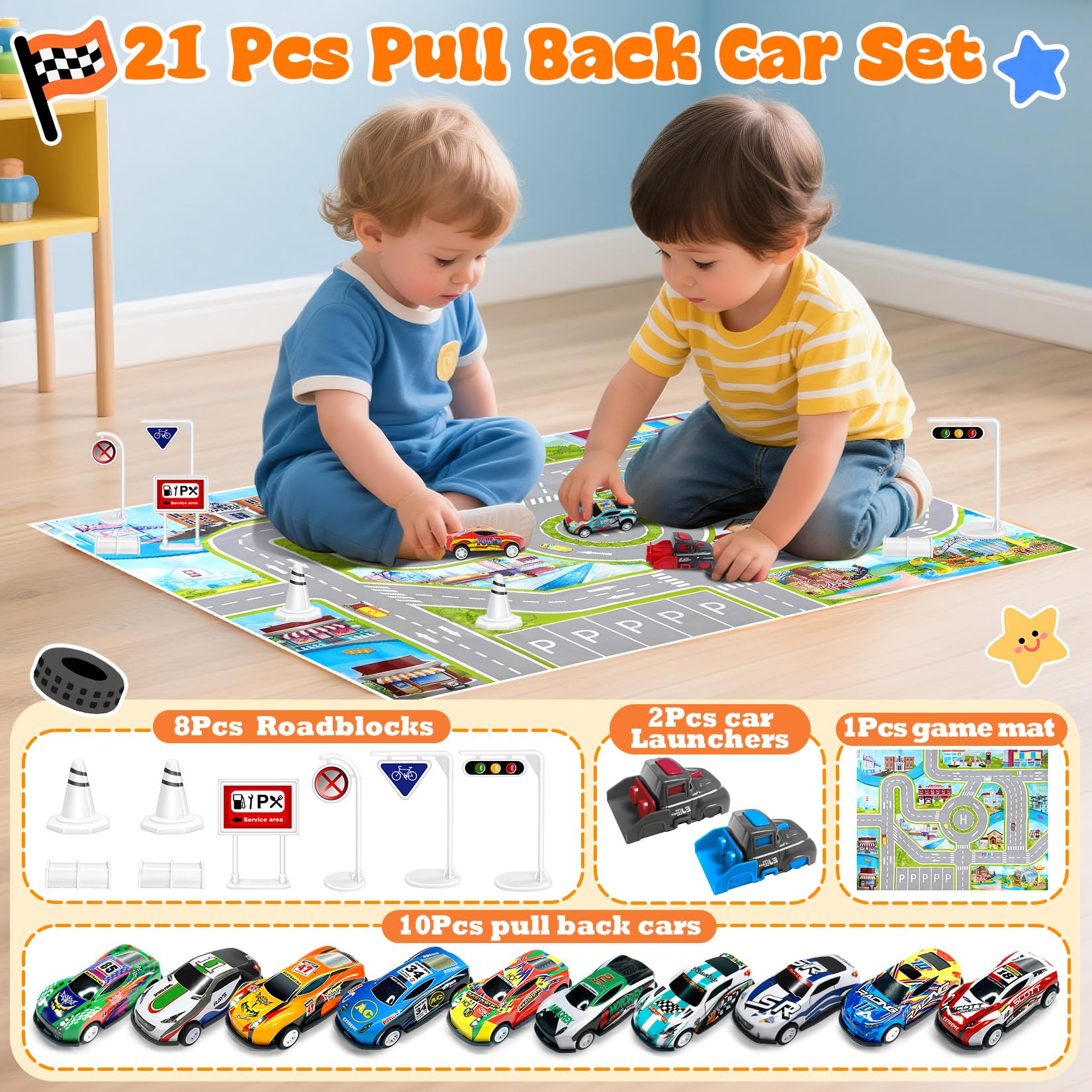 TOYABI Toy Cars - 10Pcs Pull Back Racing Set with Launcher, Mat & Obstacles for Kids 6