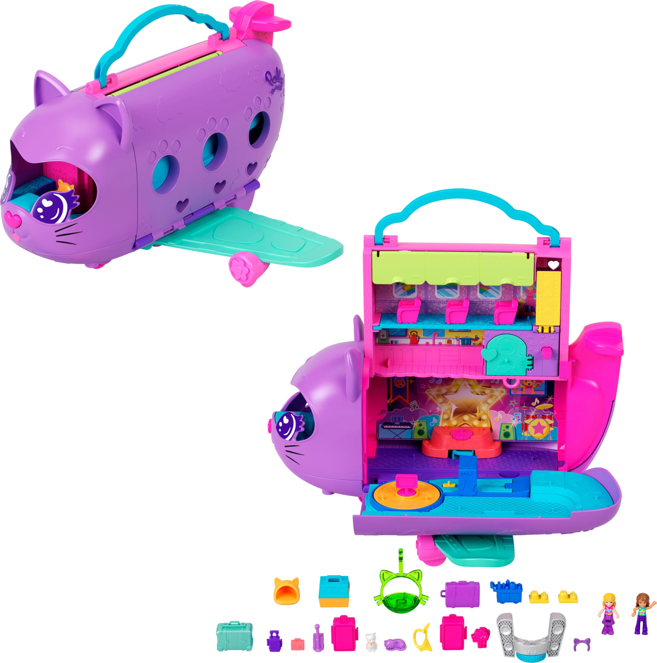 Polly Pocket Kitty Airways Airplane Playset - 2 Micro Dolls, 19 Accessories, Spinning Stage, Ages 4-10