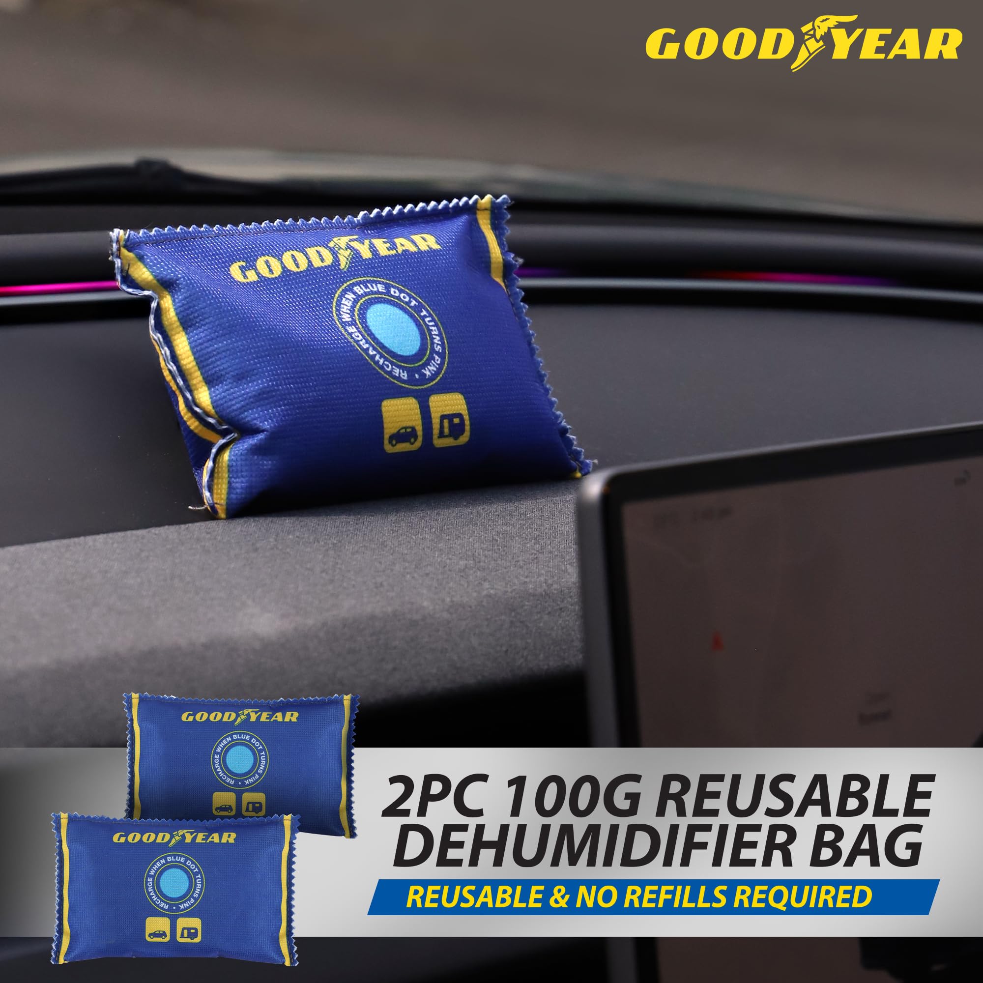 Goodyear 2pc 100g Reusable Moisture Absorber Bags – Heavy-Duty Dehumidifier | Portable | Blue 3