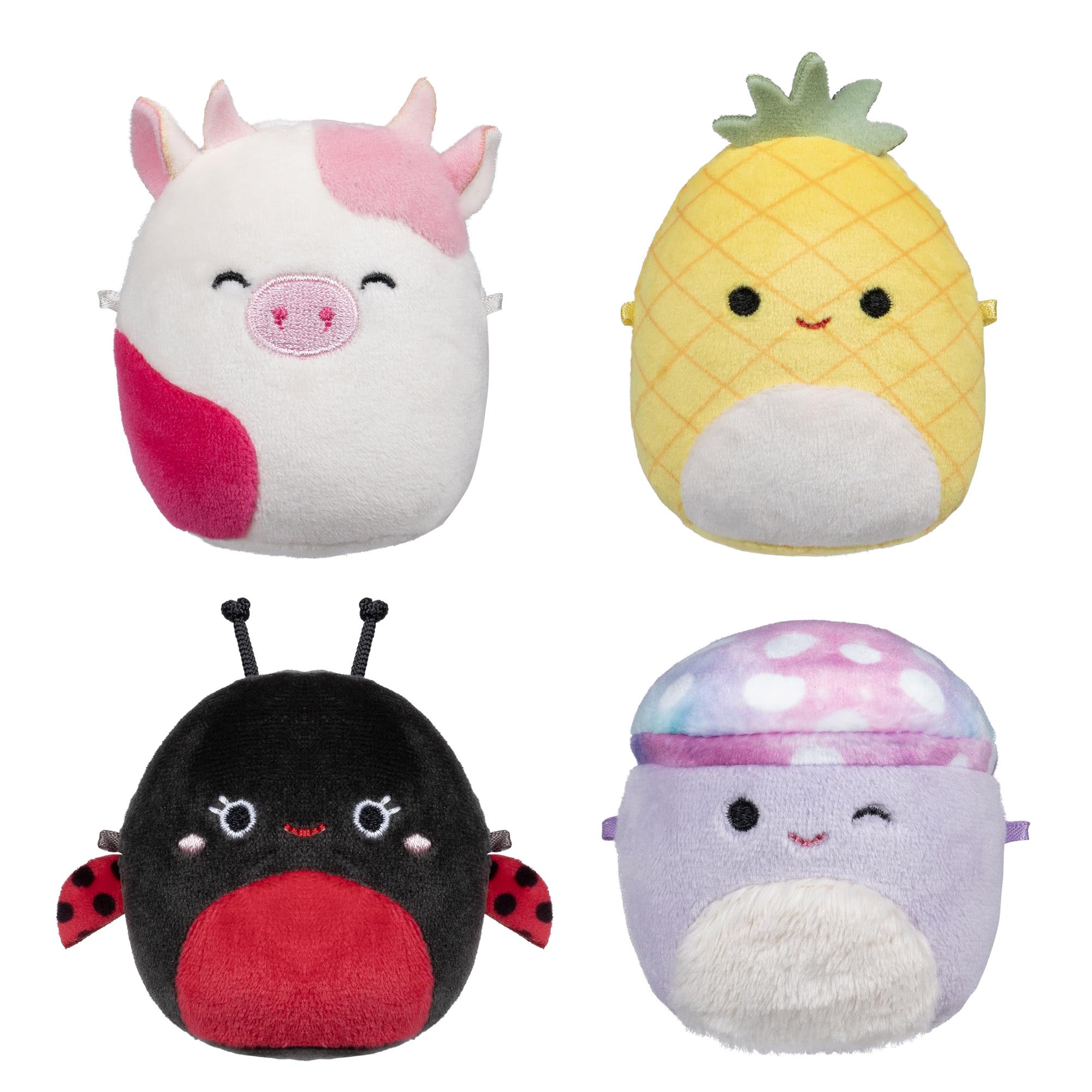 Squishmallows Micromallows 4-Pack Plush - Trudy Ladybug, Caedyn Cow, Maui Pineapple, Minya Mushroom
