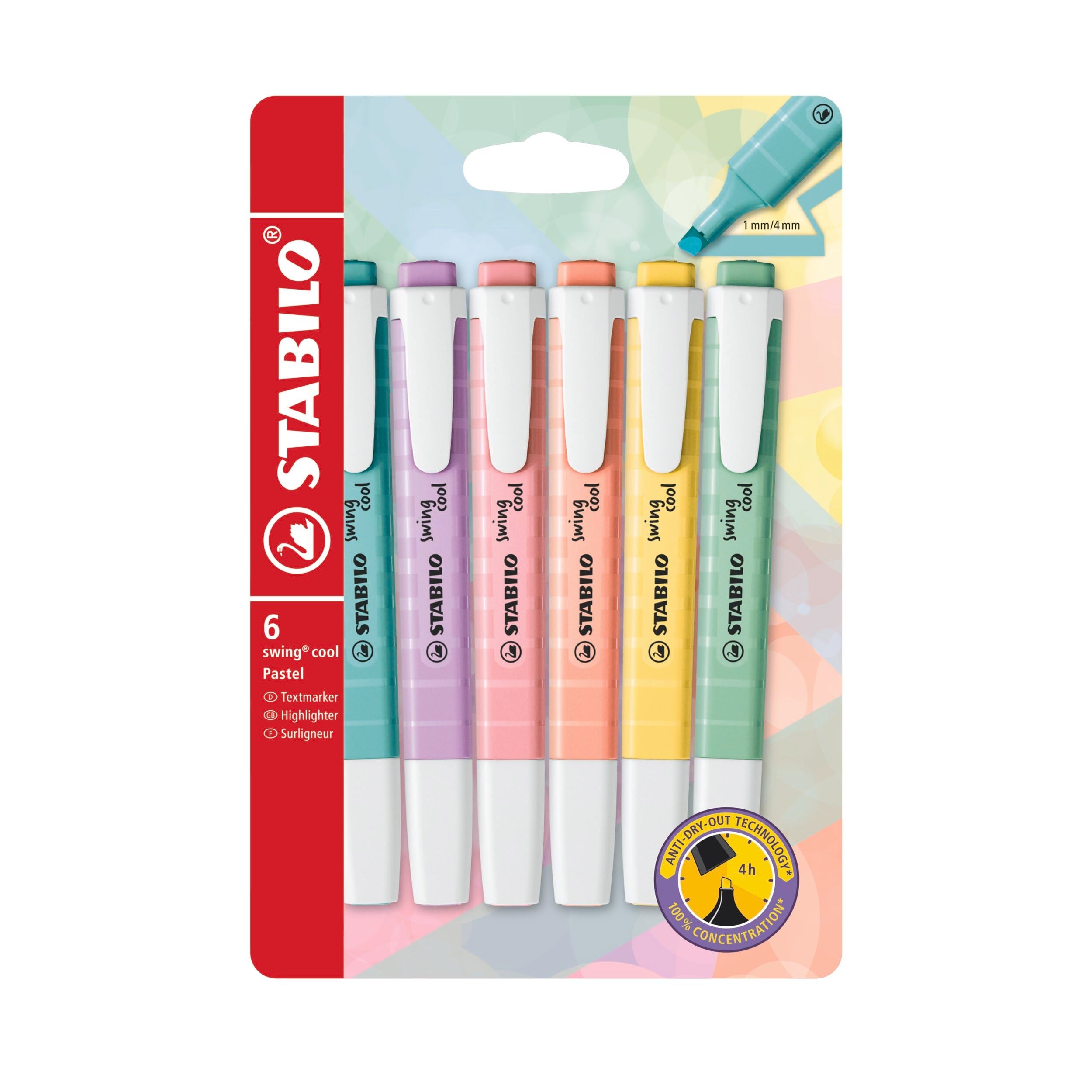 STABILO swing cool Pastel Highlighter - Pack of 6 Assorted Colours | 4 Hour Cap-Off Time | 1mm & 4mm Line Widths