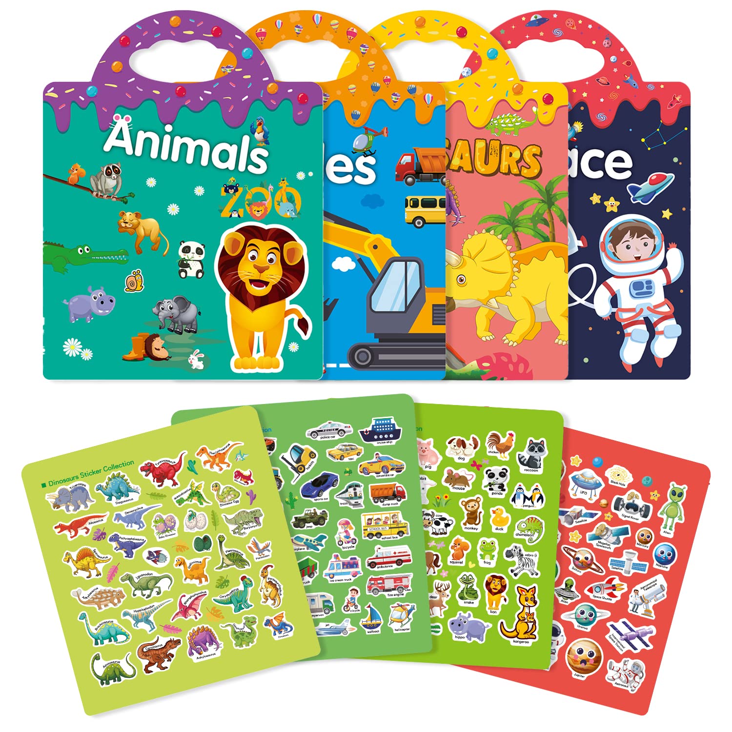 GUYUCOM 4 Pack Reusable Sticker Books for Kids Ages 3+ | Dinosaur, Animal, Space, Vehicle Themes
