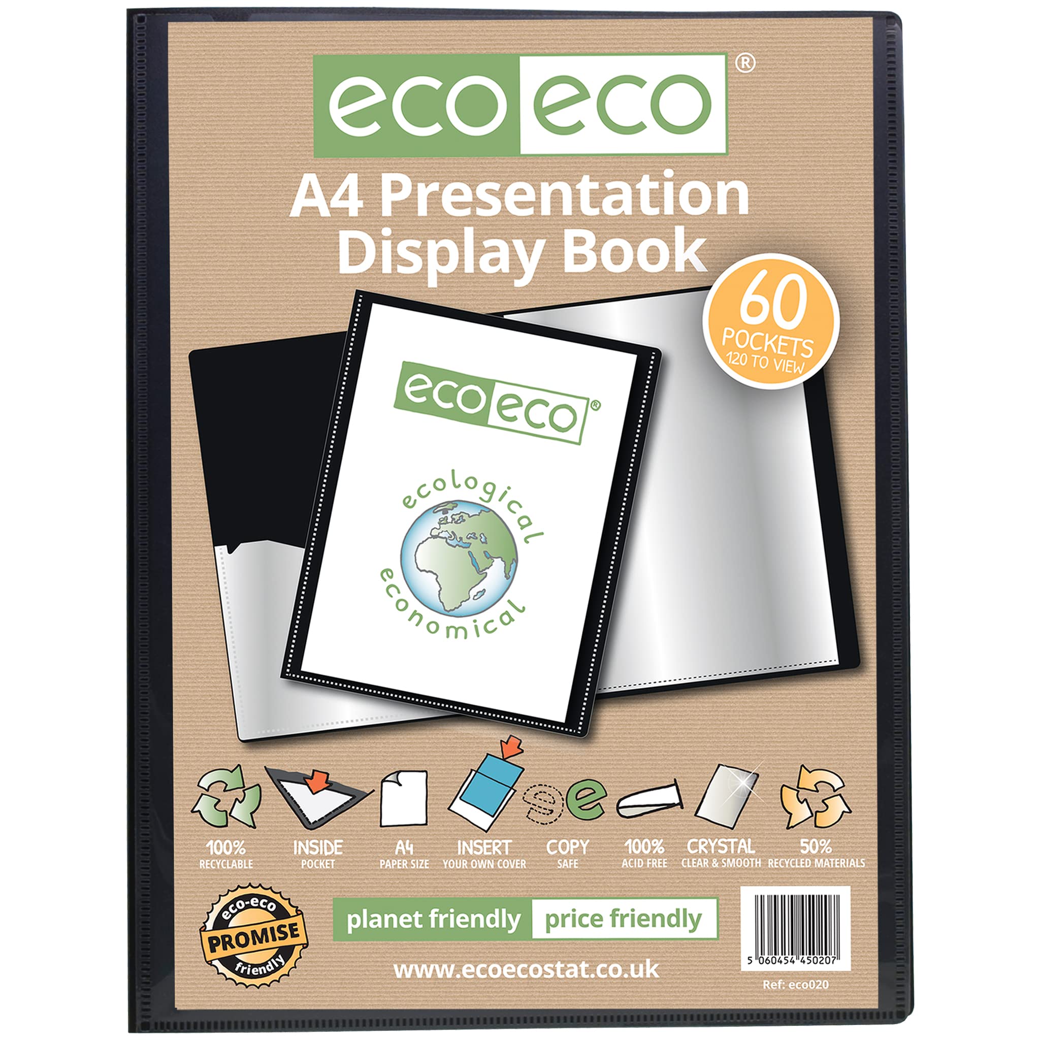 eco-eco A4 Presentation Display Book - 60 Pockets, 50% Recycled Material | Black