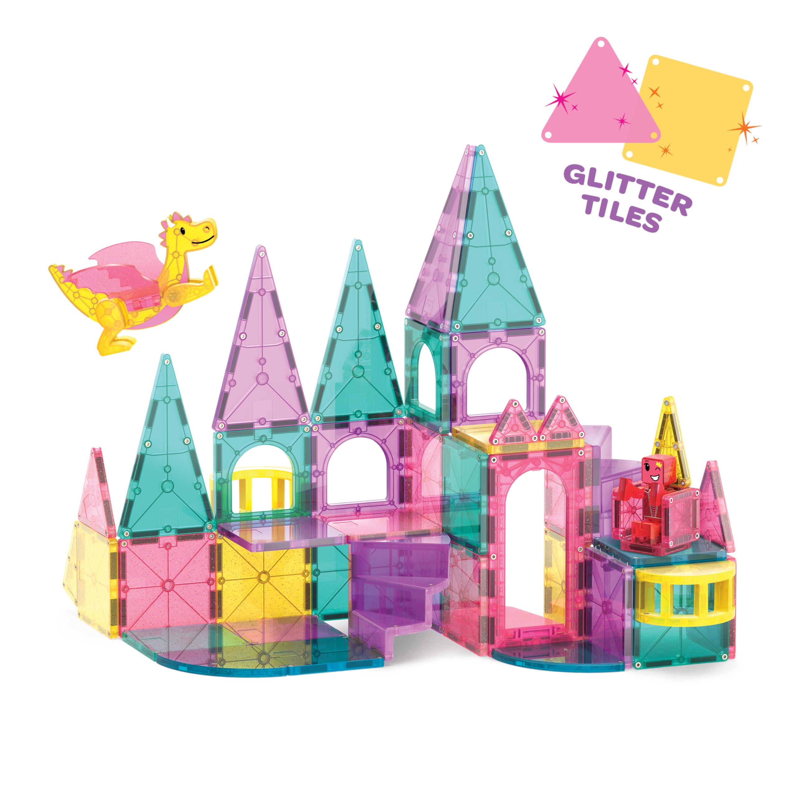 Magna-Tiles Castle DLX 48-Piece Magnetic Construction Set - Drawbridge, Dragon Figure & Spiral Staircase, Ages 3+ 4