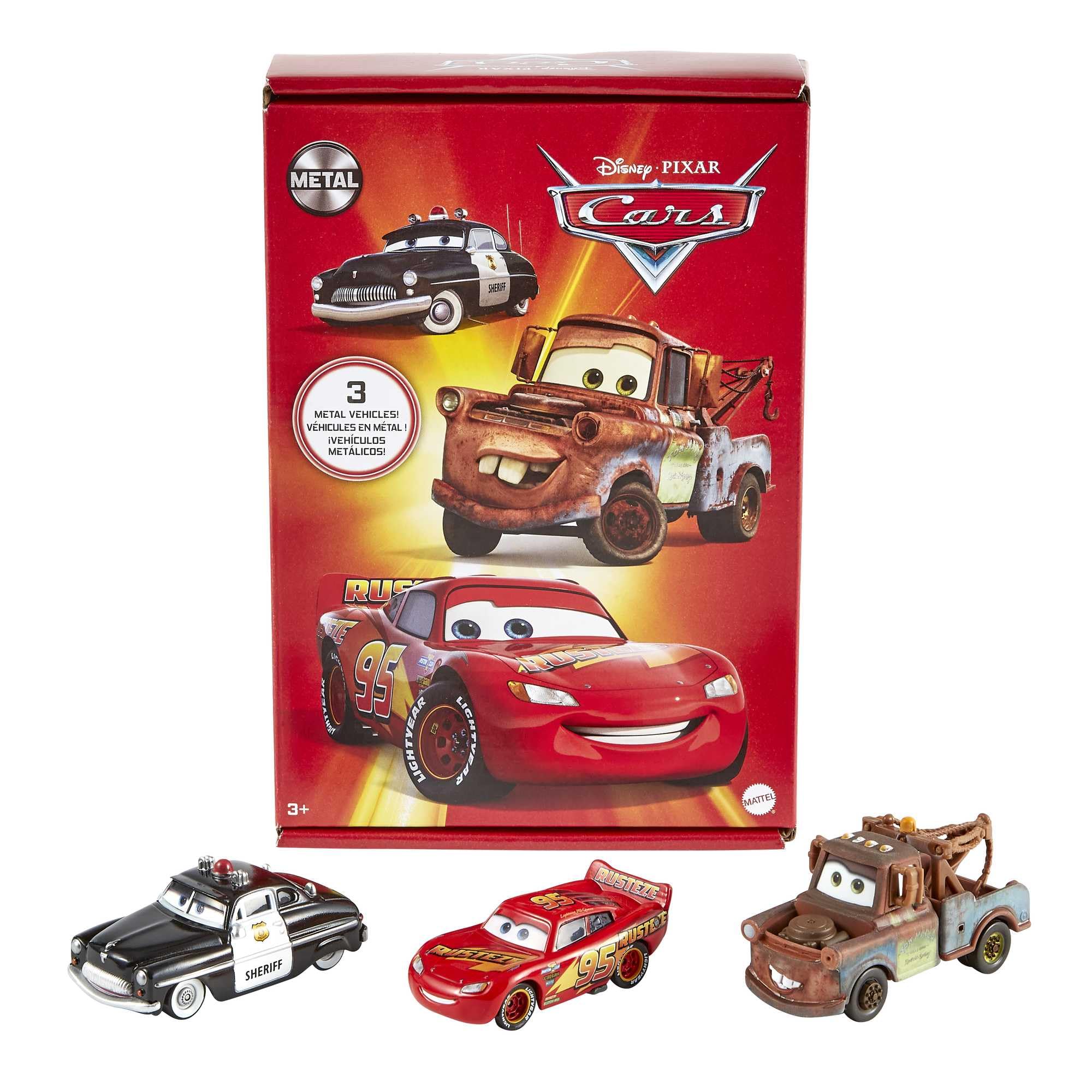 Disney Pixar Cars Radiator Springs 3-Pack with Lightning McQueen, Mater & Sheriff - Die-Cast Vehicle Playset for Kids 10