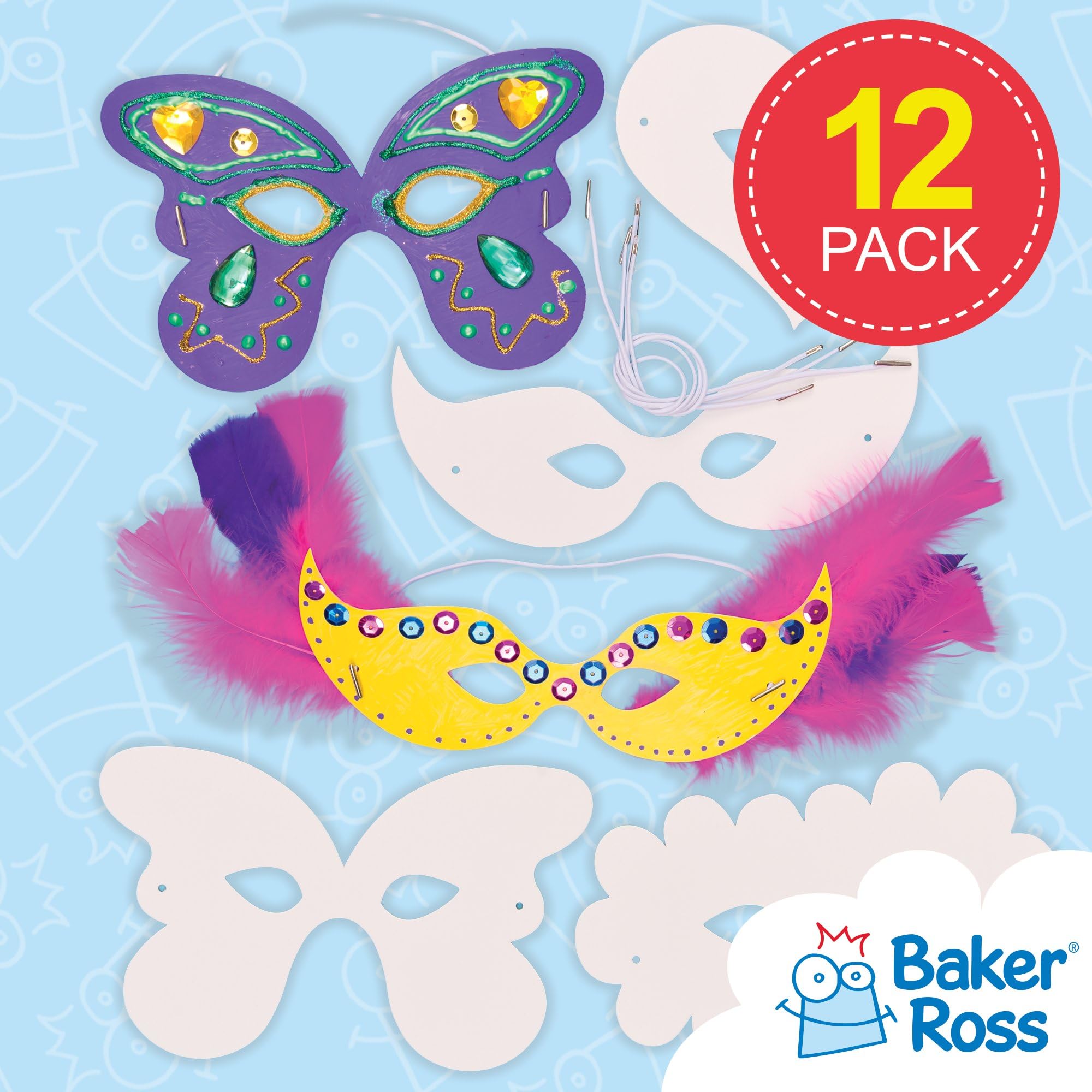 Baker Ross Decorate Your Own Carnival Mask Kit - Pack of 12 Blank Masks for Kids Ages 3+