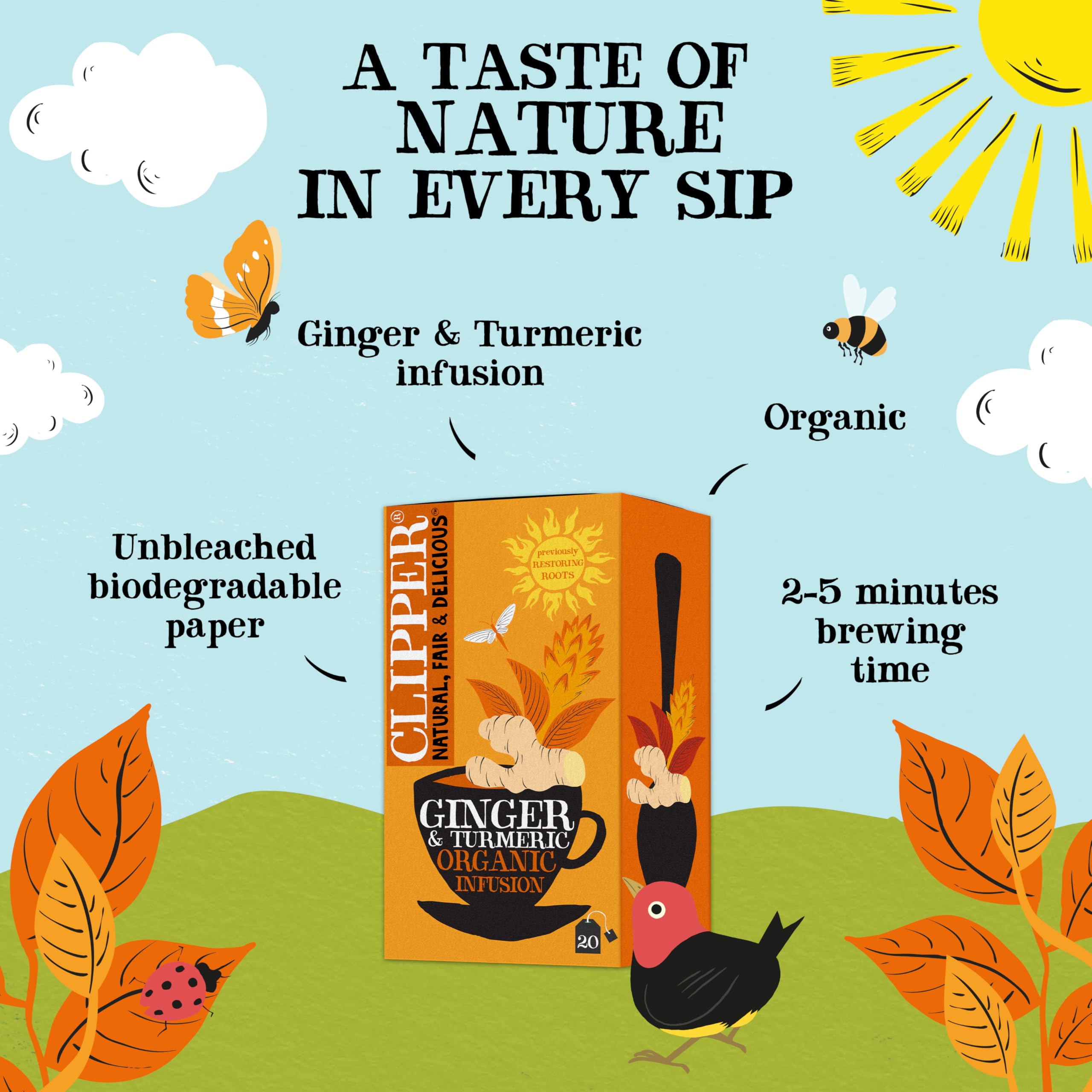 Clipper Natural, Fair & Delicious Organic Restoring Roots Ginger & Turmeric Herbal Tea Bags | 20 Count