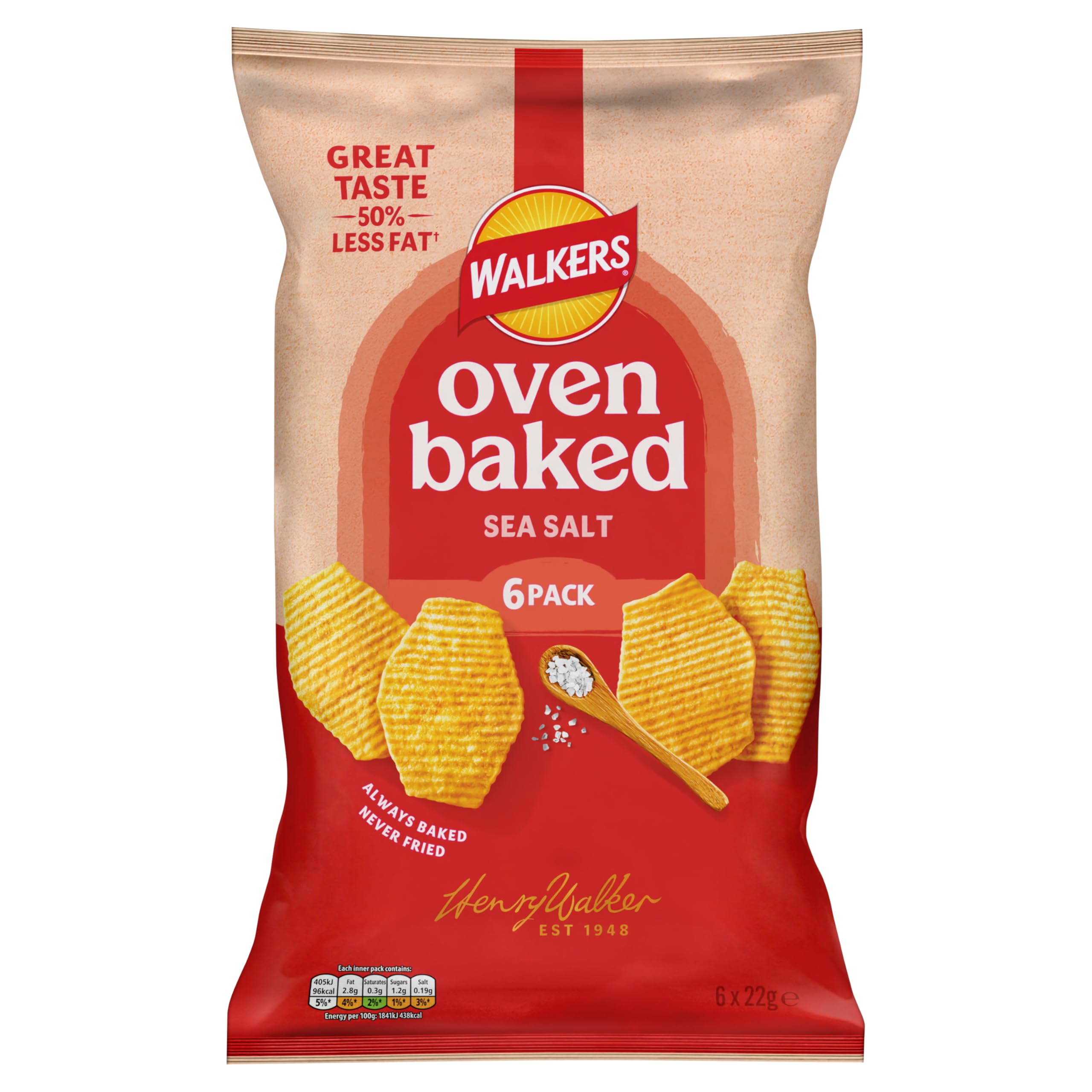 Walkers Baked Sea Salt Crisps Multipack - 50% Less Fat | 6 x 22g Packs