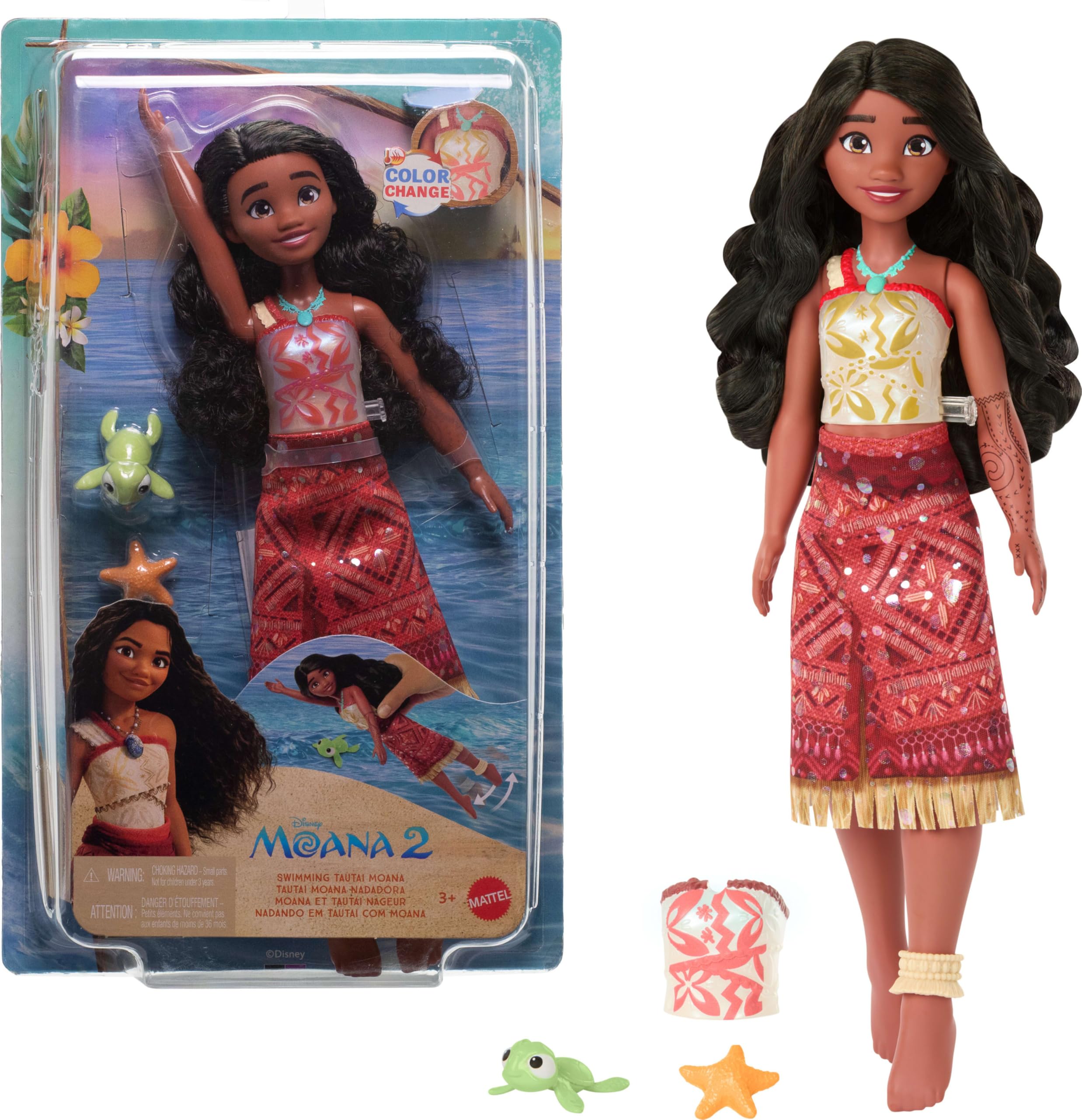 Swimming Tautai Moana Fashion Doll - Color-Change Bodice & Kicking Legs, Inspired by Disney Moana 2, Ages 3+