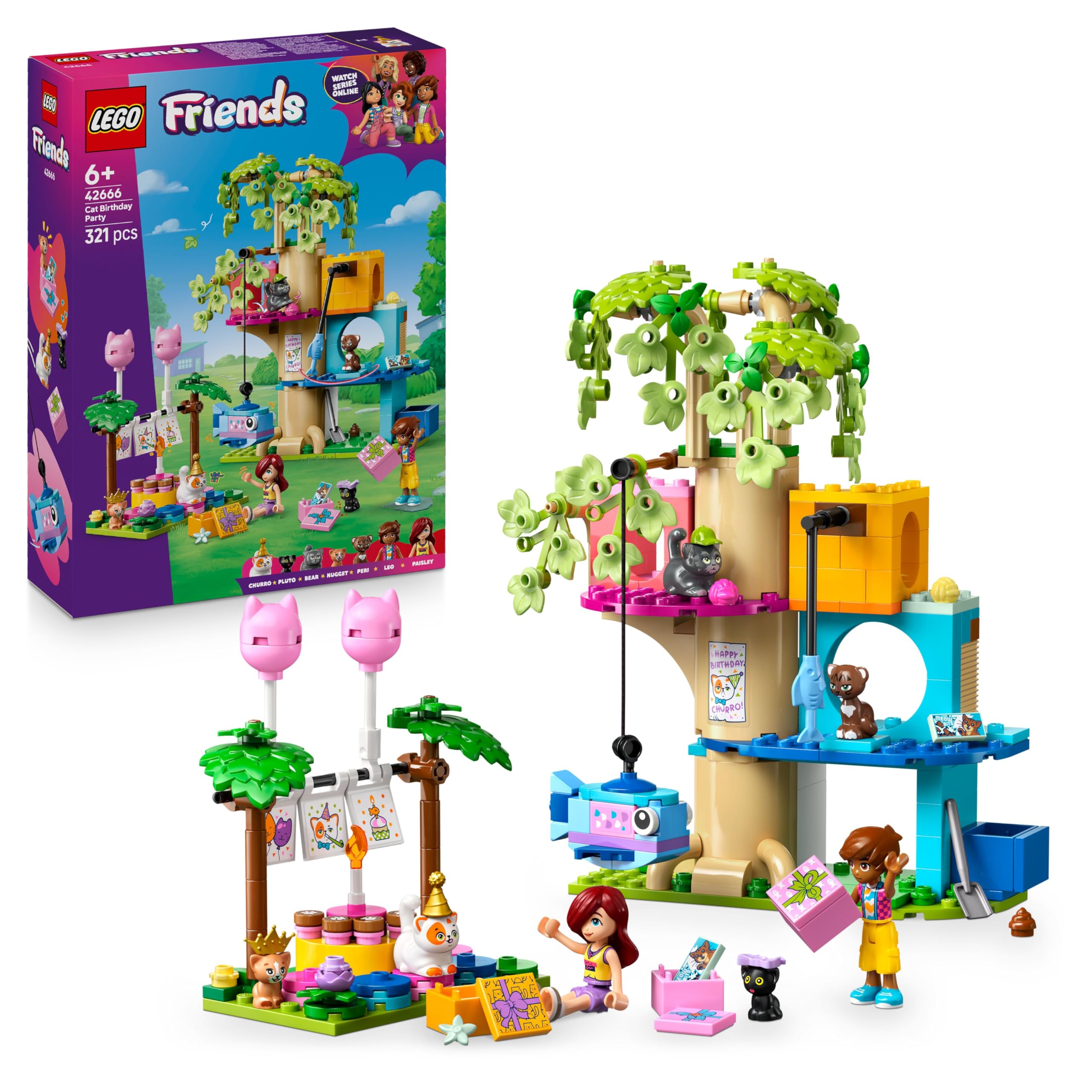 LEGO Friends Cat Birthday Party & Tree House Toy - 2 Mini Dolls, 5 Cat Figures, 321 Pieces