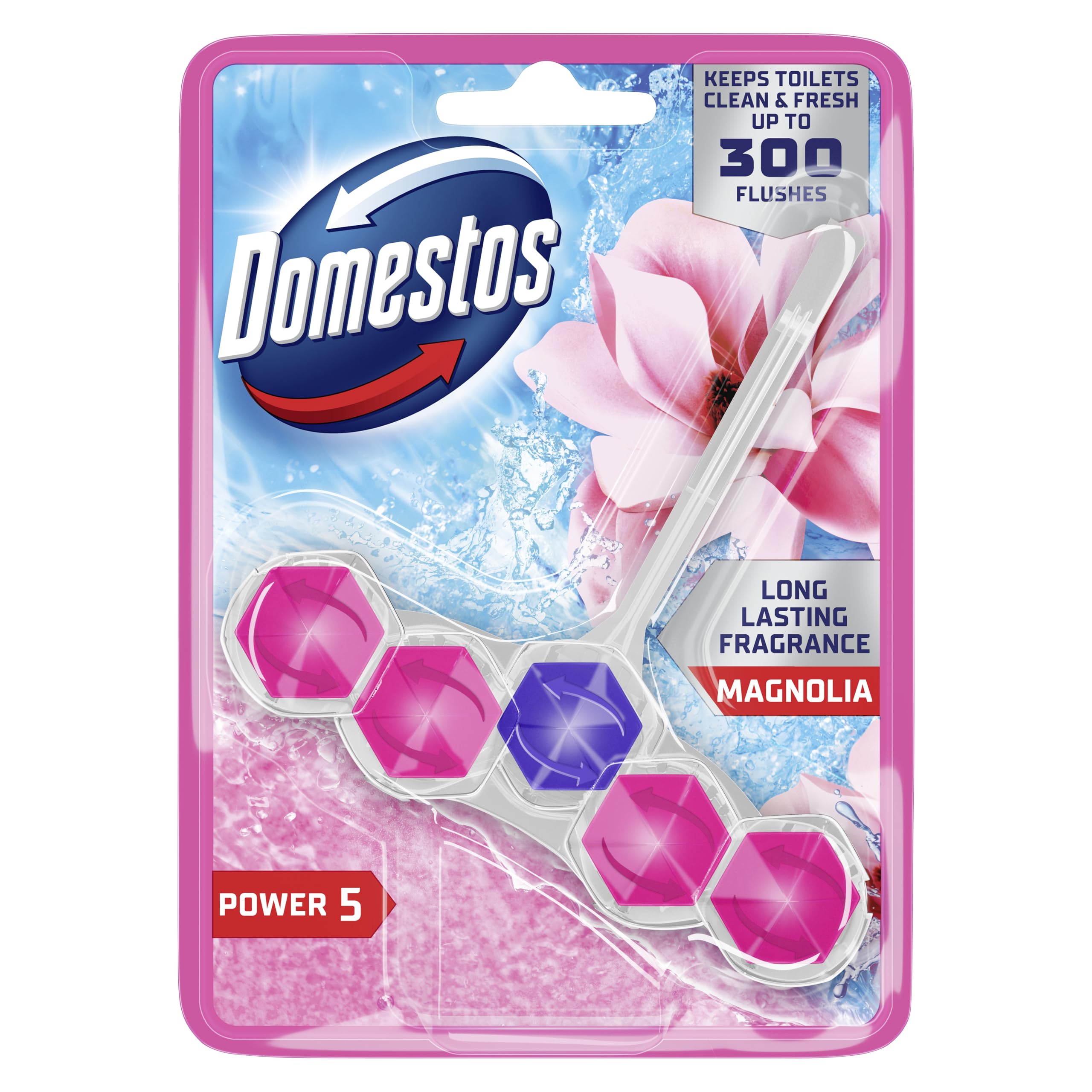 Domestos Power 5 Magnolia Toilet Rim Block - Long-Lasting Toilet Freshener for Up to 300 Flushes