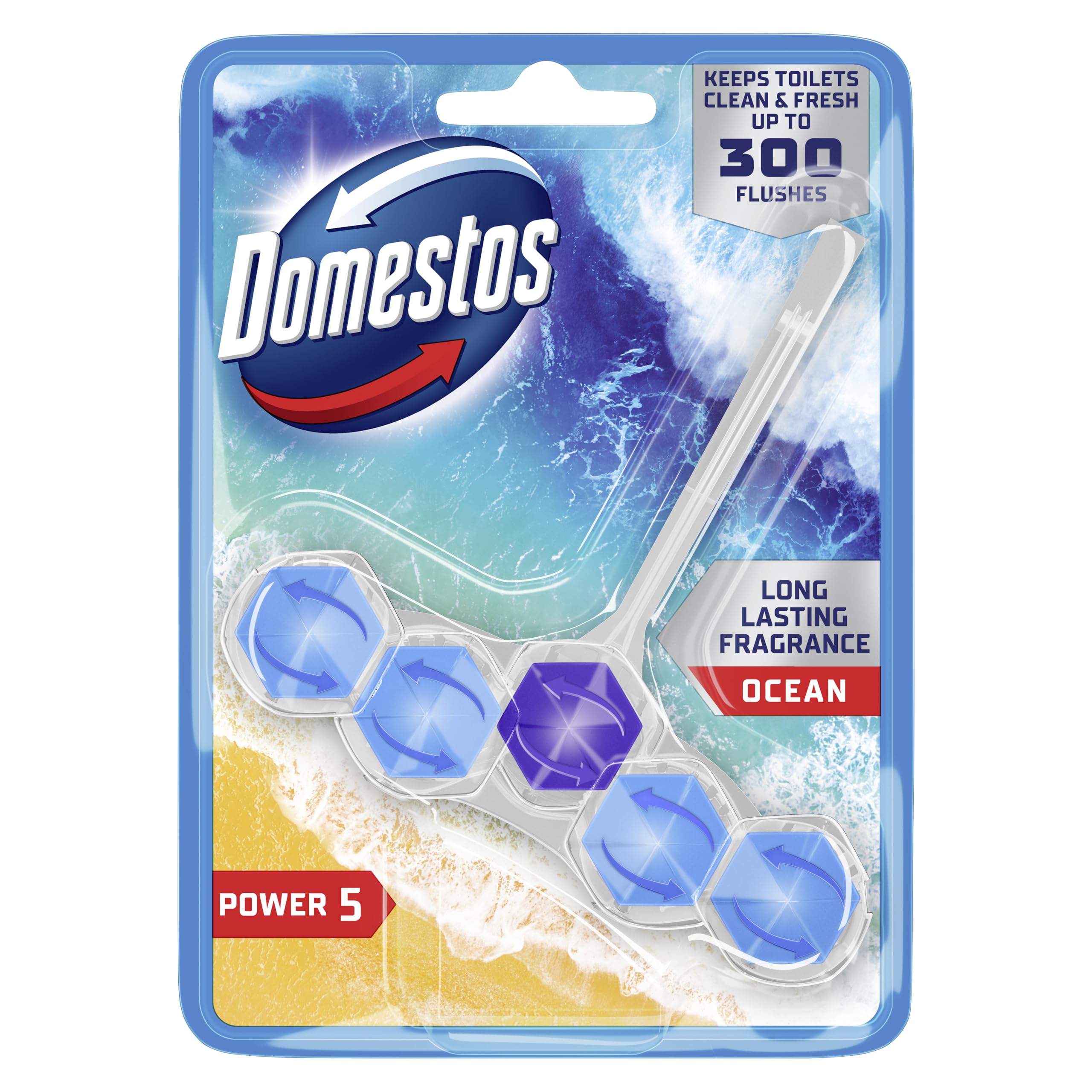 Domestos Power 5 Ocean Toilet Rim Block - Long-Lasting Toilet Freshener for Up to 300 Flushes