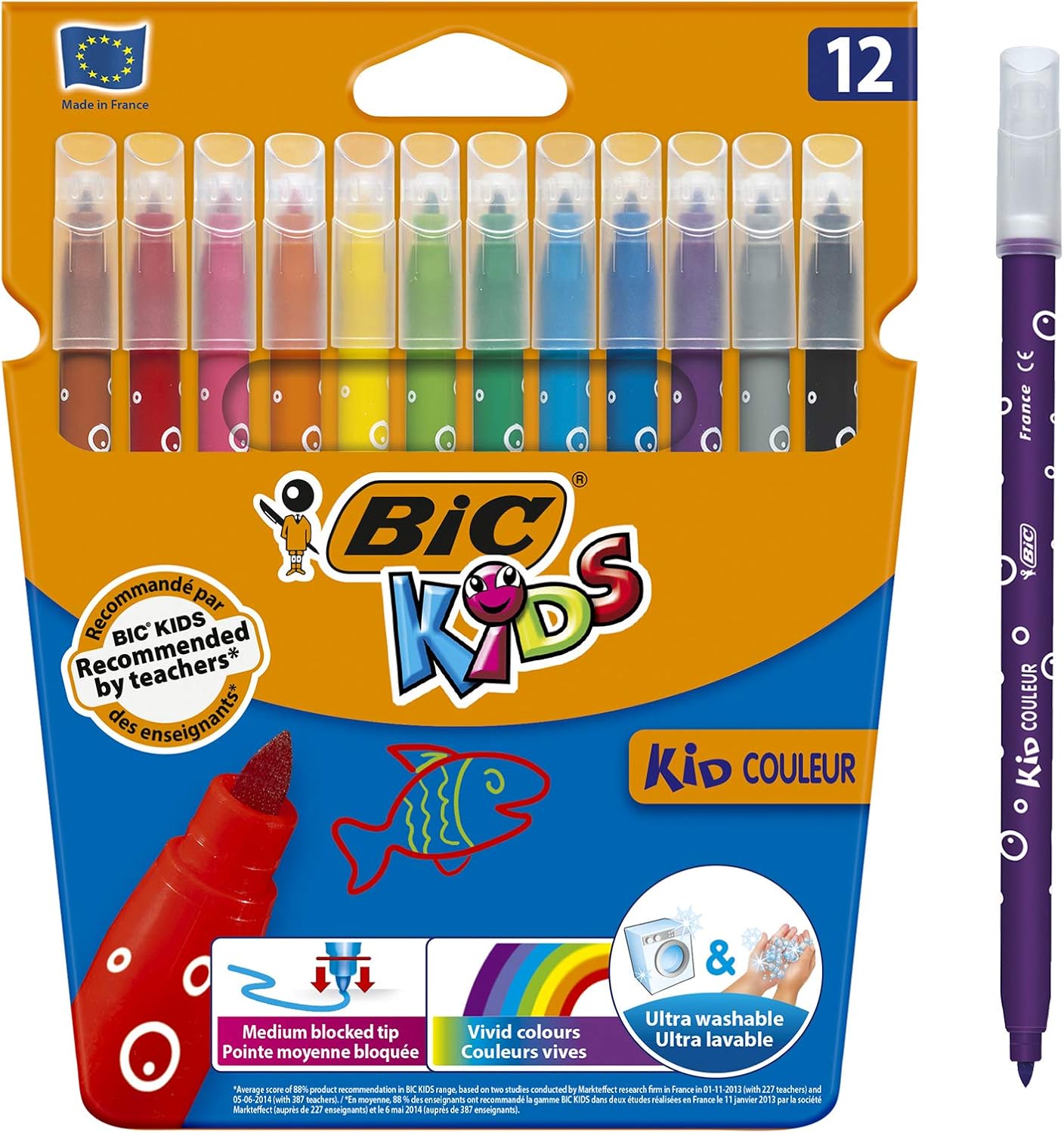 BIC Kids Kid Couleur Felt Tip Pens - Assorted Colors Medium Point Washable Markers for Kids, Pack of 12