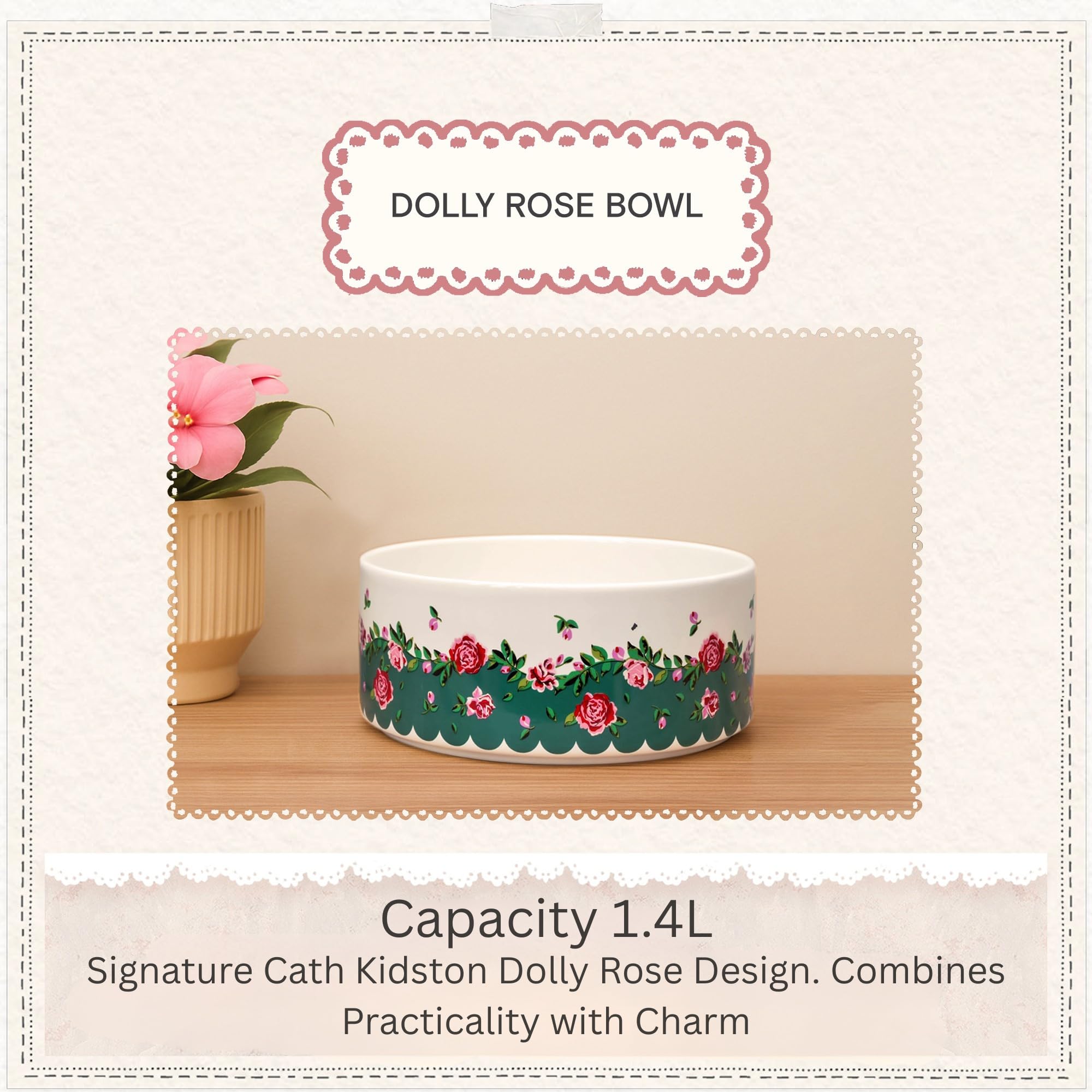 Pet Brands Cath Kidston Ceramic Large Dog Bowl - 1.4L Capacity | Dolly Rose Print 4
