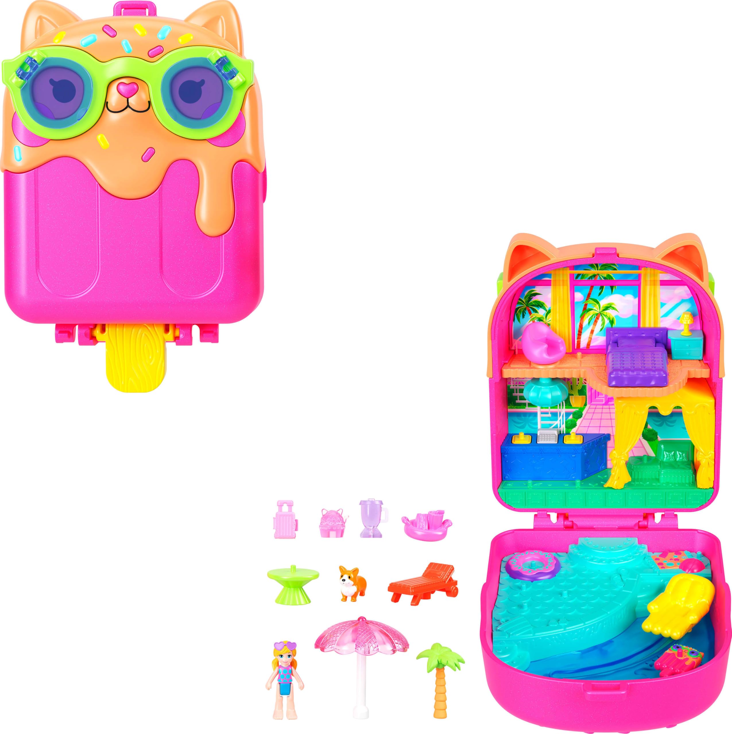 Polly Pocket Kitty Popsicle Resort Compact - Travel Playset with Micro Doll & 11 Accessories