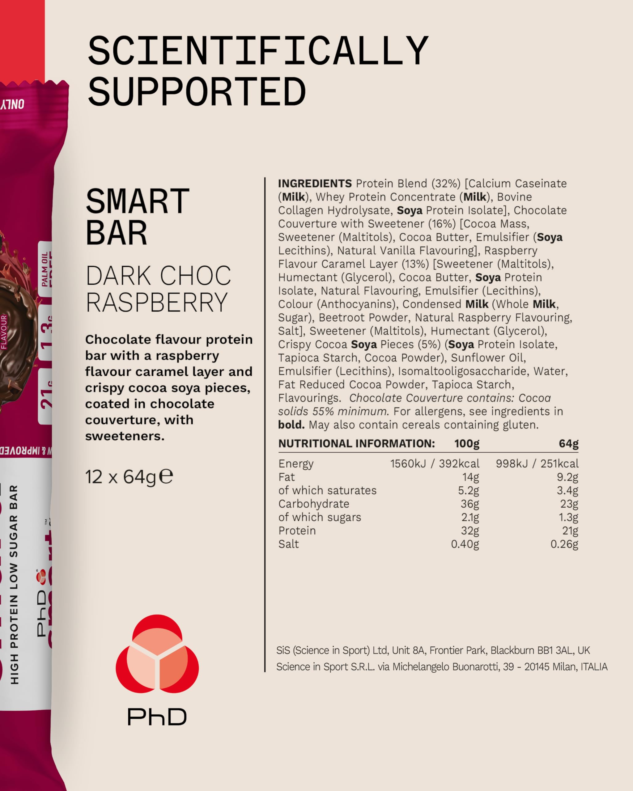 PhD Smart Protein Bar Low Sugar, Chocolate Raspberry Flavour, 21g Protein, 64g Bar (12 Pack) 10