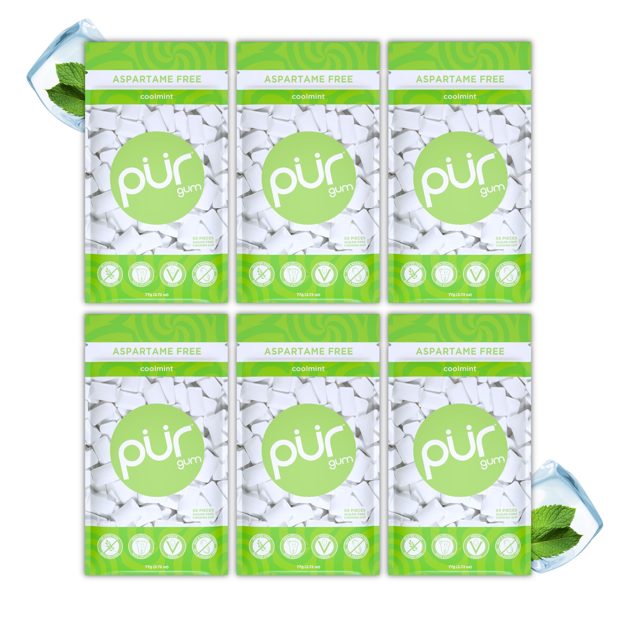 PUR Gum Sugar Free Chewing Gum - Natural Coolmint Flavor | Xylitol Sweetened | 6 Pack of 55 Tablets 1