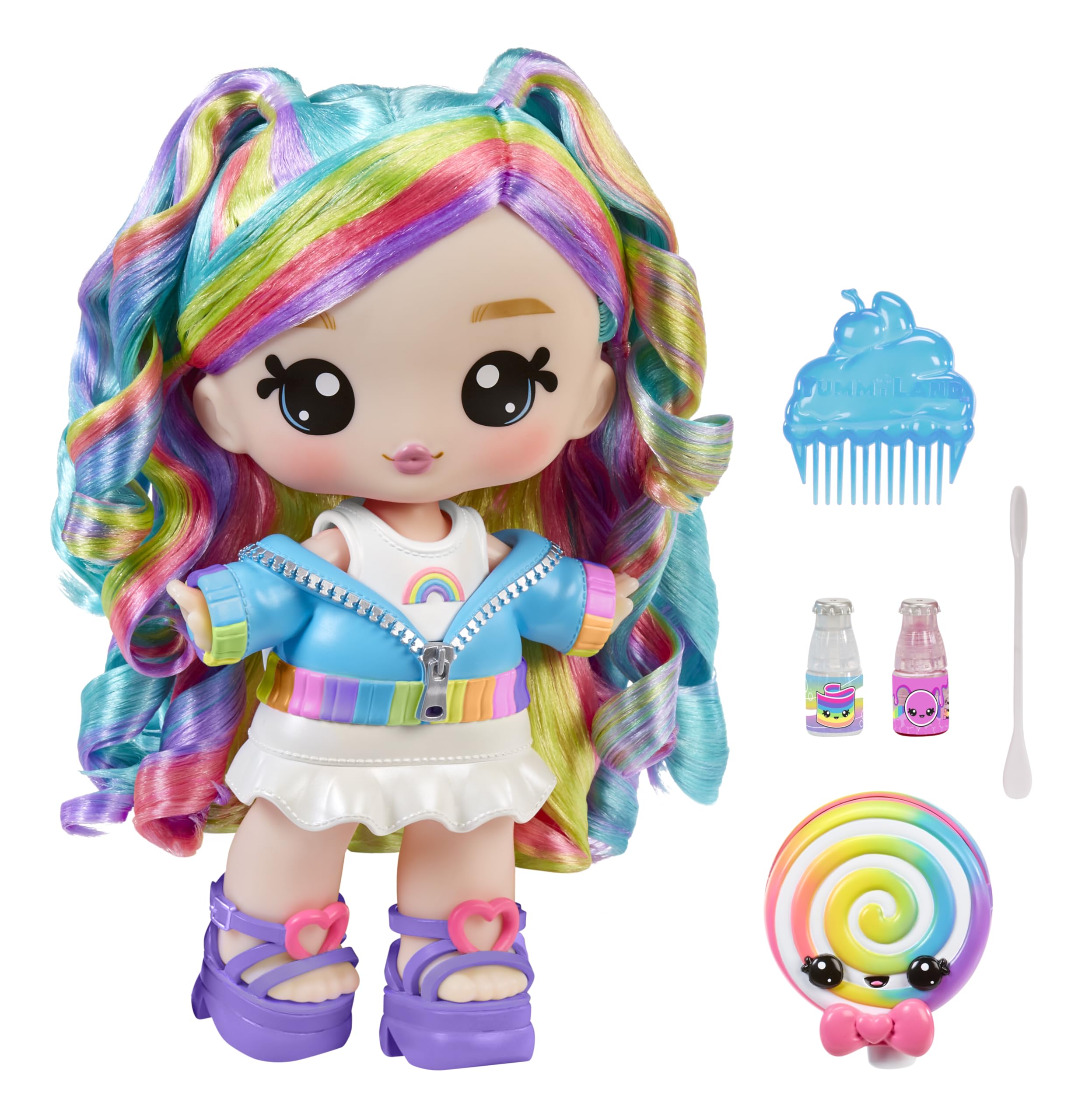 YUMMI LAND Skyler Rainbow Belt Doll with DIY Lip Gloss Kit - Num Nom Pet Playset