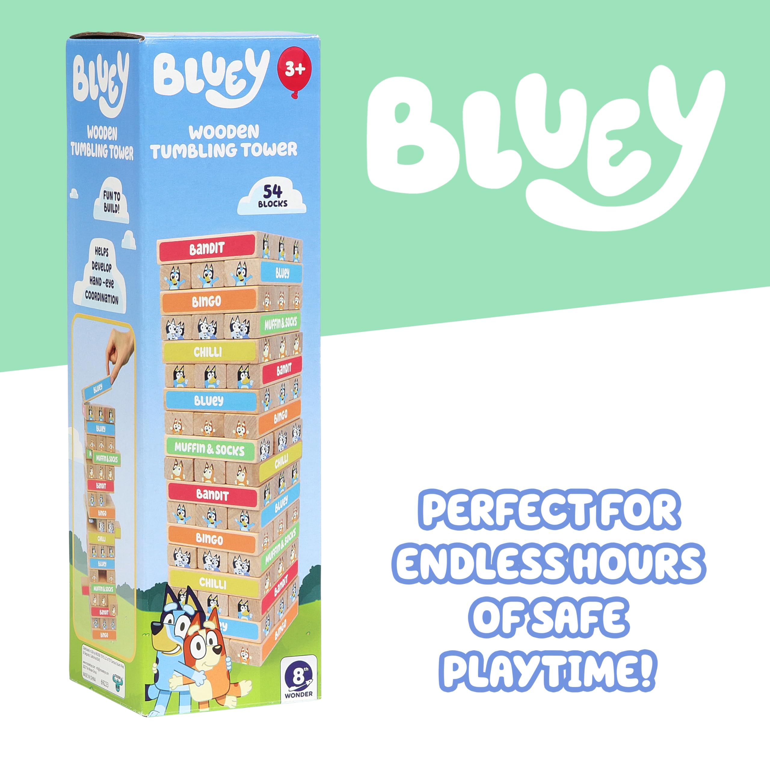 Bluey Tumbling Tower Game - 54 FSC-Certified Wooden Blocks for Stacking Fun 6