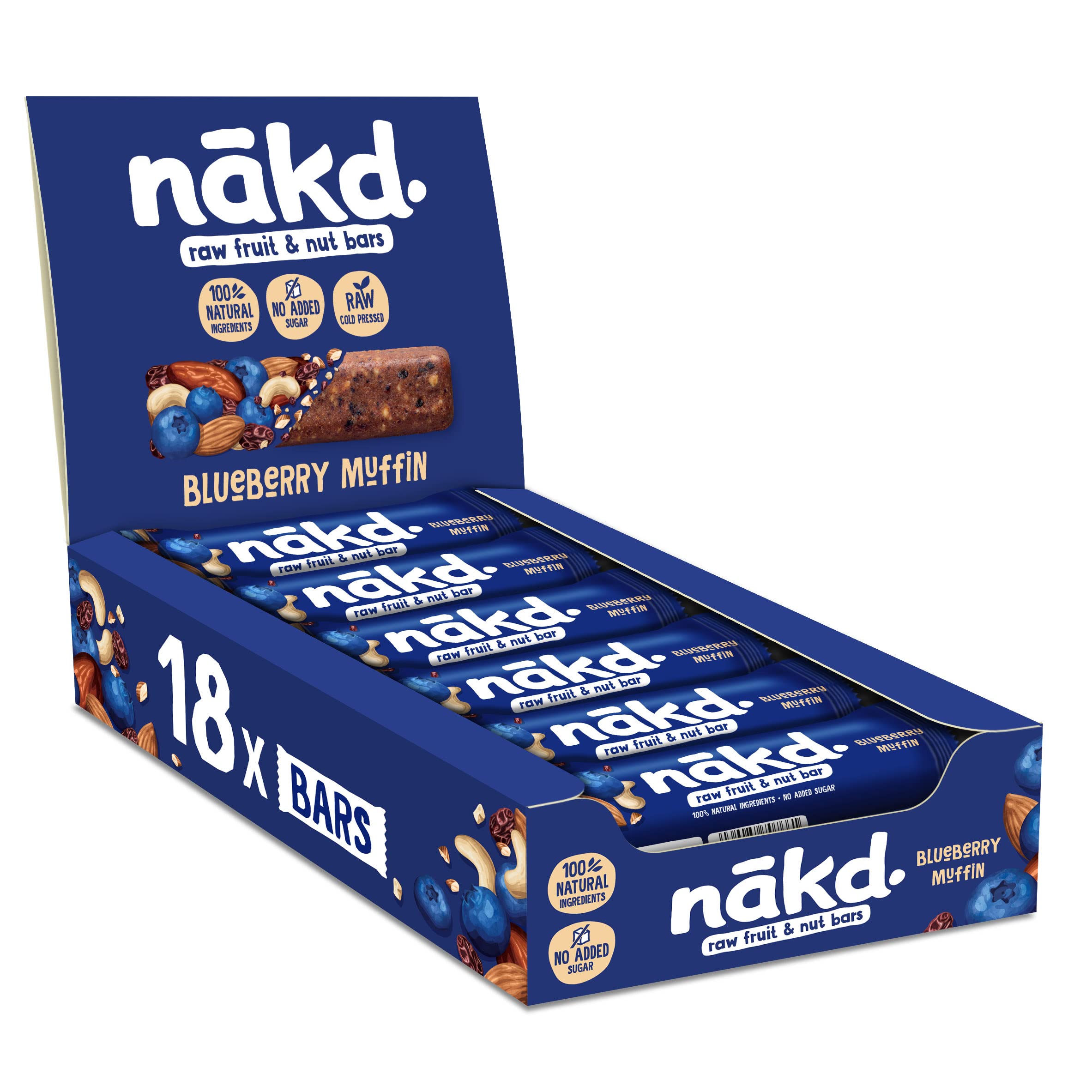Nakd Blueberry Muffin Raw Fruit & Nut Bars - Vegan, Gluten Free, No Added Sugar - 35g x 18