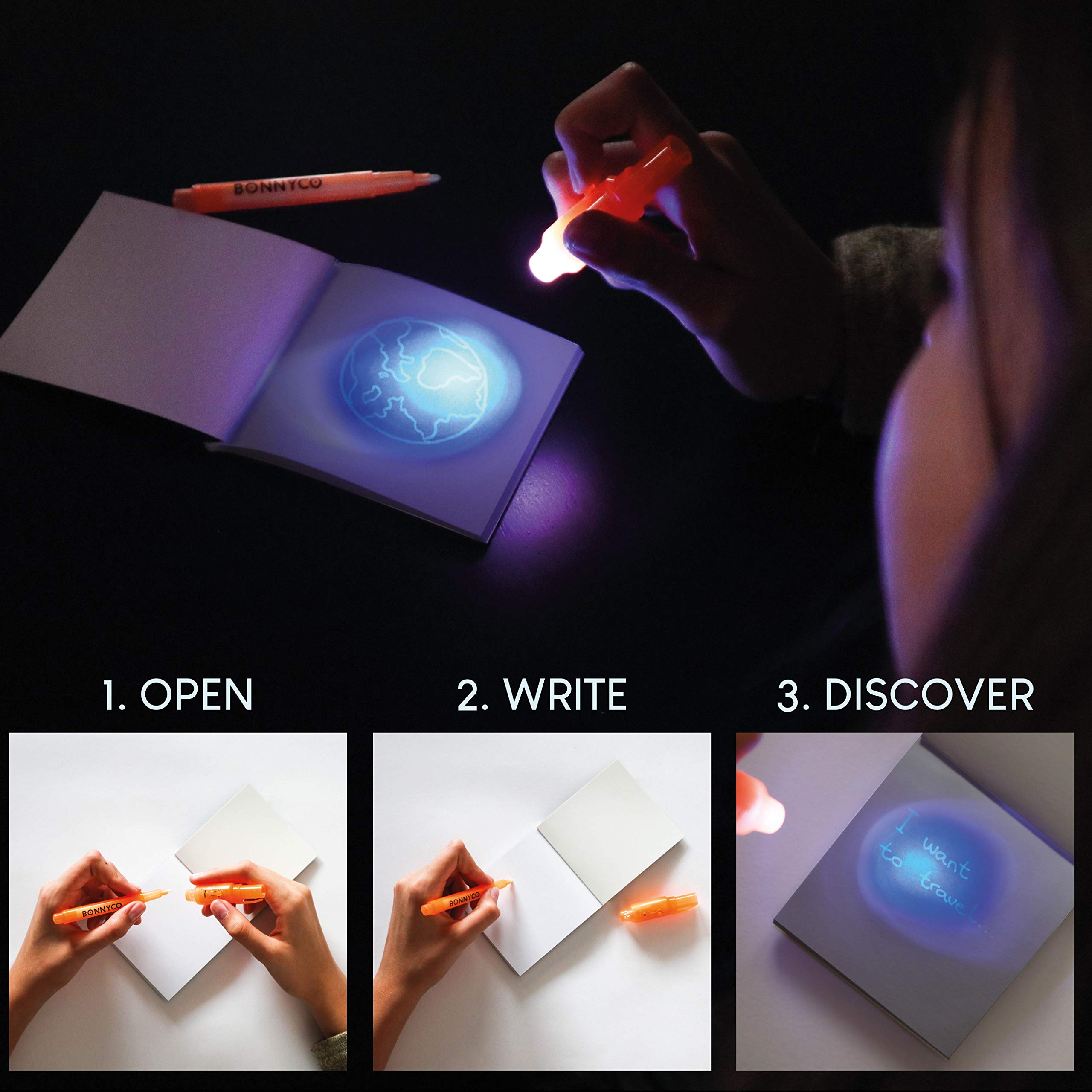 BONNYCO Invisible Ink Pen and Notebook Set - Pack of 16 UV Magic Pens with Notepads for Kids 5