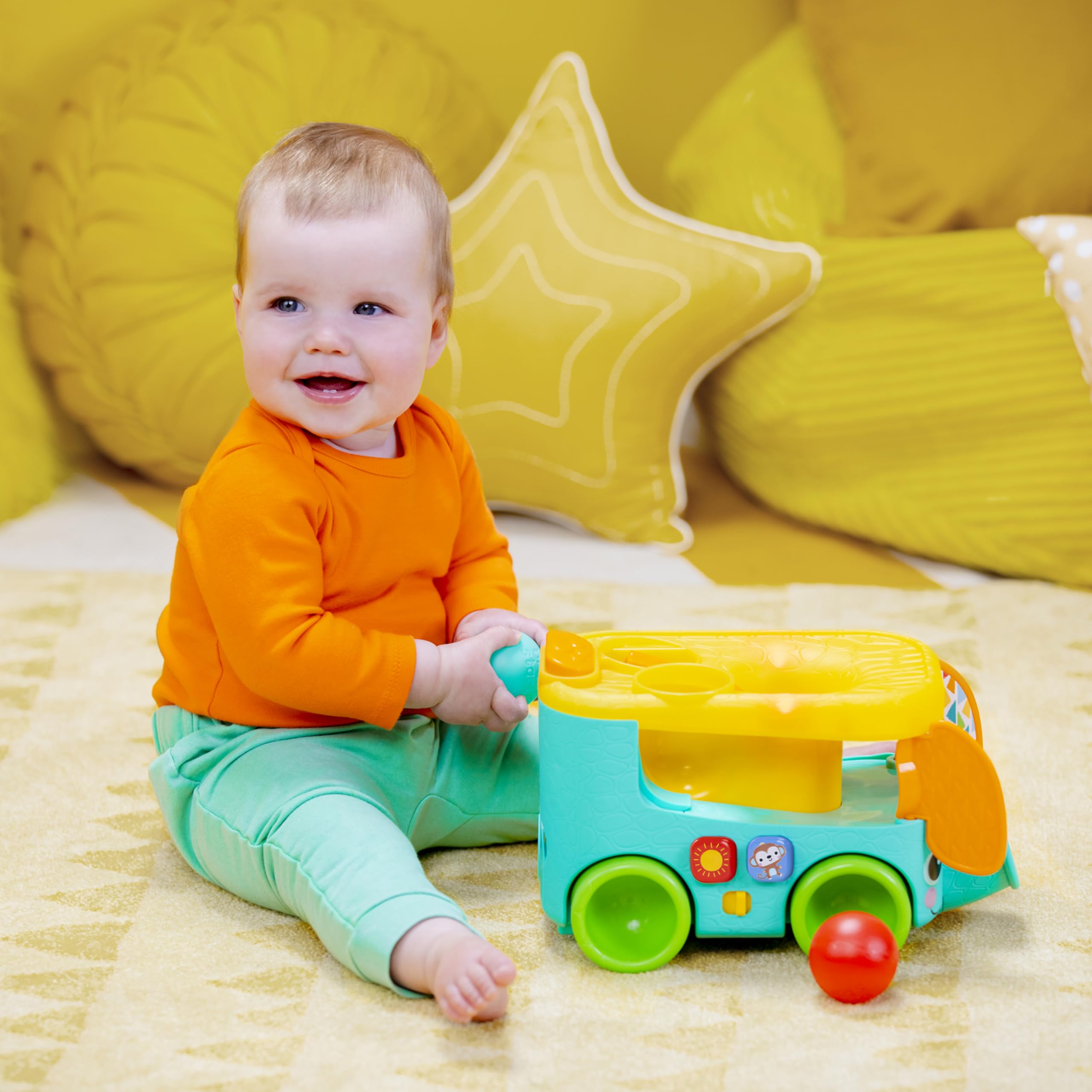 Bright Starts Pop & Roll Safari Bus Ball Play Toy - Musical Light-Up Elephant Popper for Babies 6M+ 18